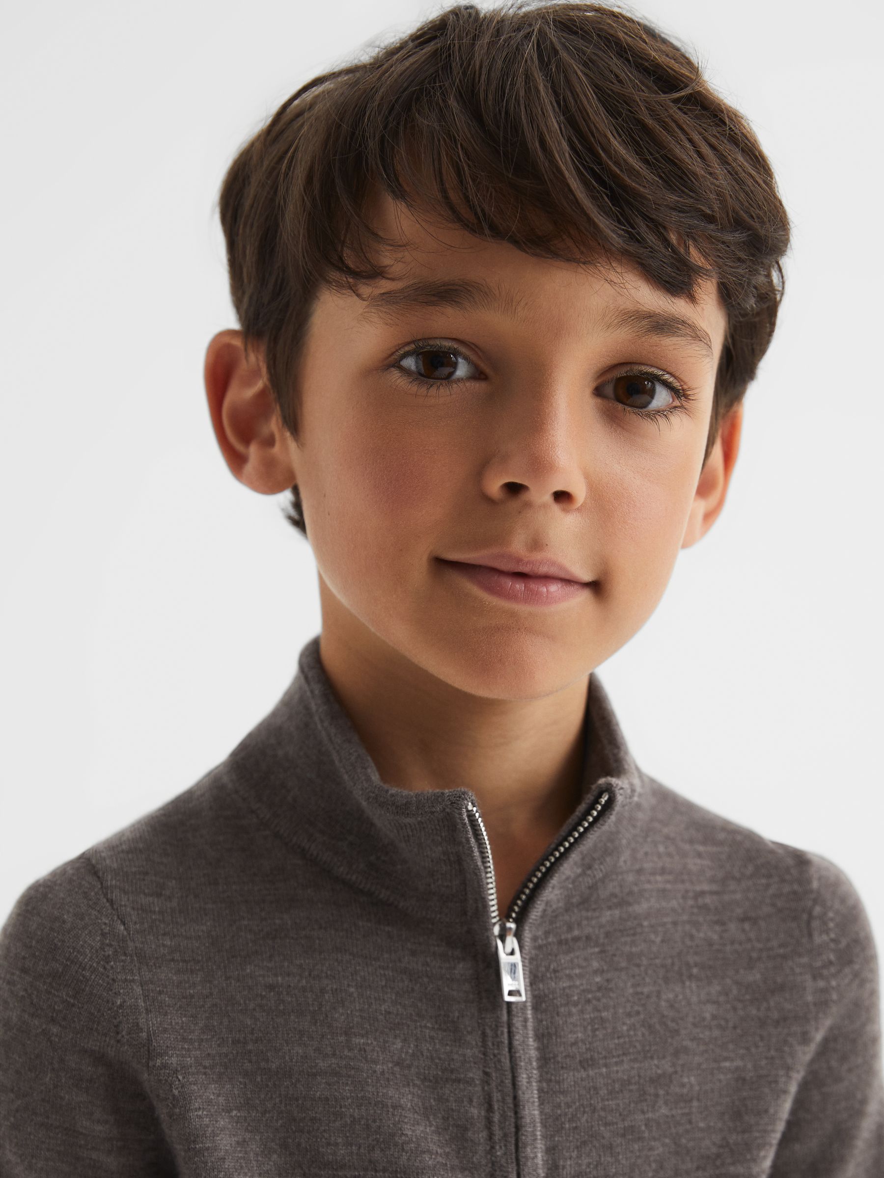 Zip Up Knitted Jumper in Mouse Brown Melange - Image 3 of 11