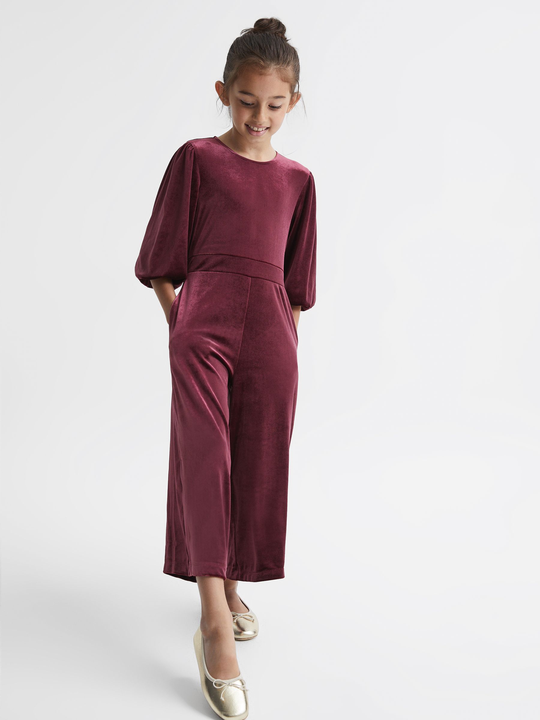 Junior Velvet Wide Sleeve Crop Jumpsuit in Red - Image 1 of 7