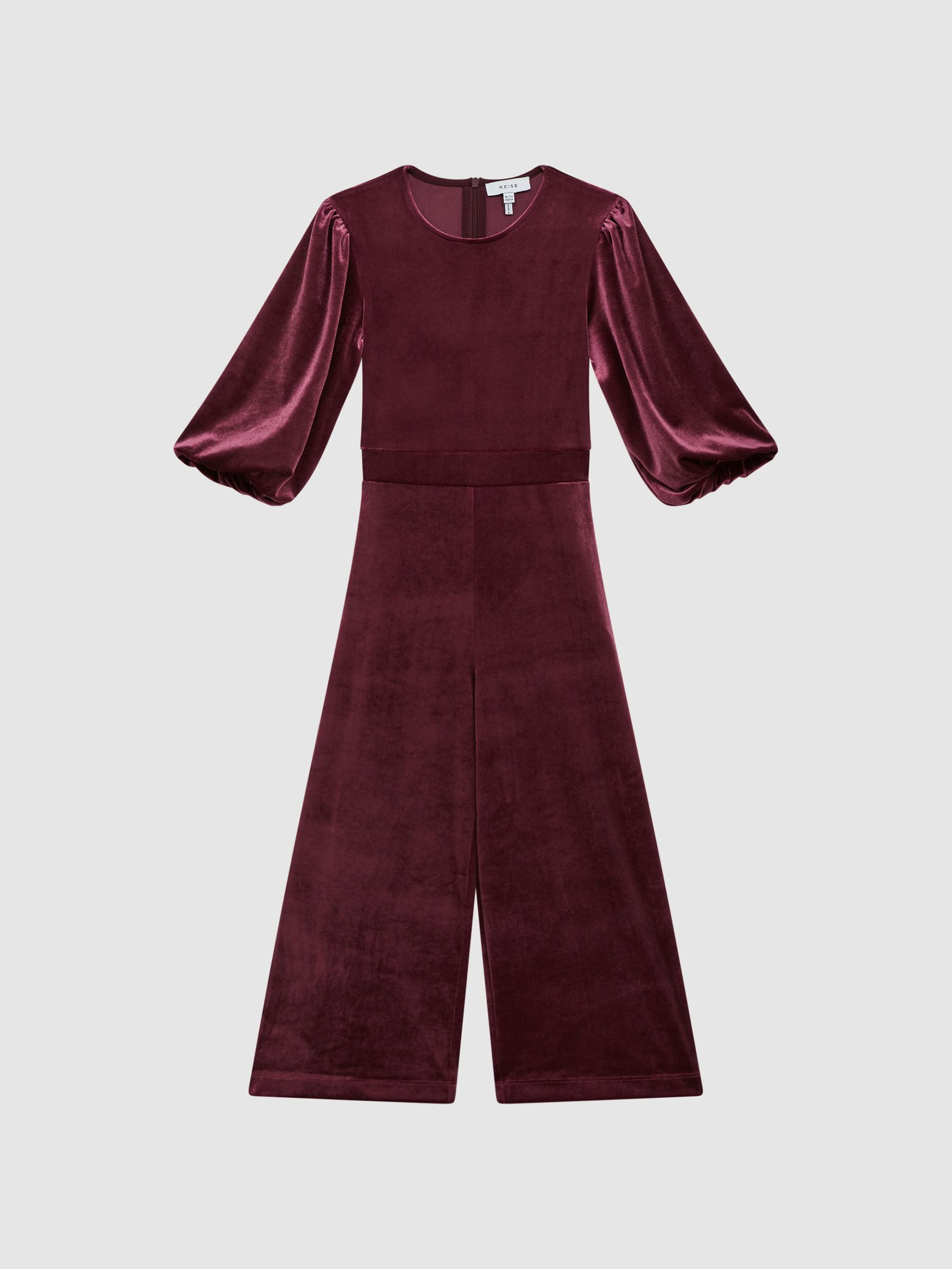 Junior Velvet Wide Sleeve Crop Jumpsuit in Red - Image 2 of 7