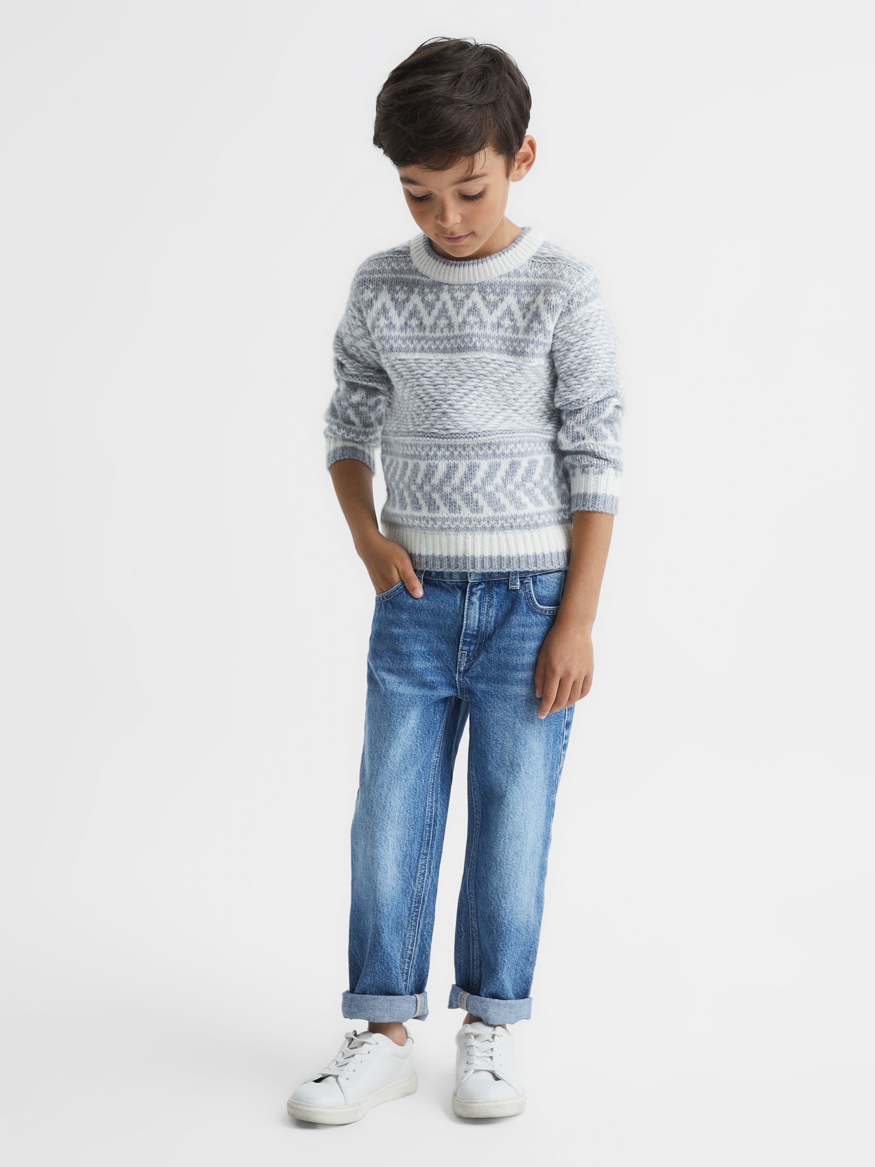Senior Crew Neck Fairisle Pattern Wool Blend Jumper in Soft Blue Melange/Ecru - 圖片 1/7