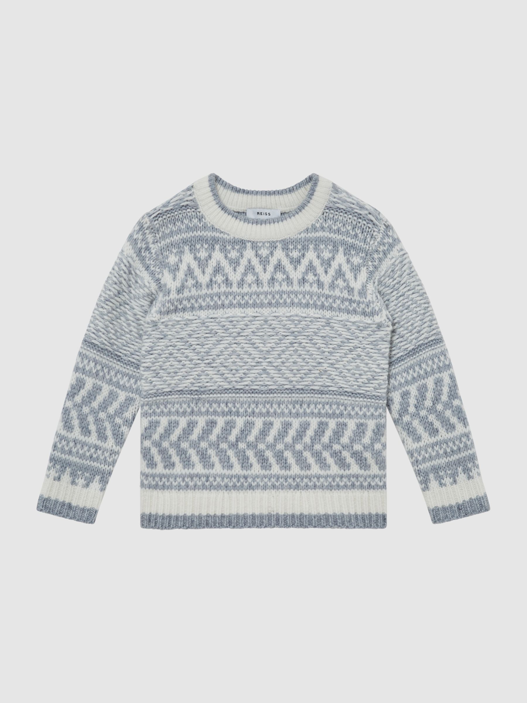 Senior Crew Neck Fairisle Pattern Wool Blend Jumper in Soft Blue Melange/Ecru - 圖片 2/7