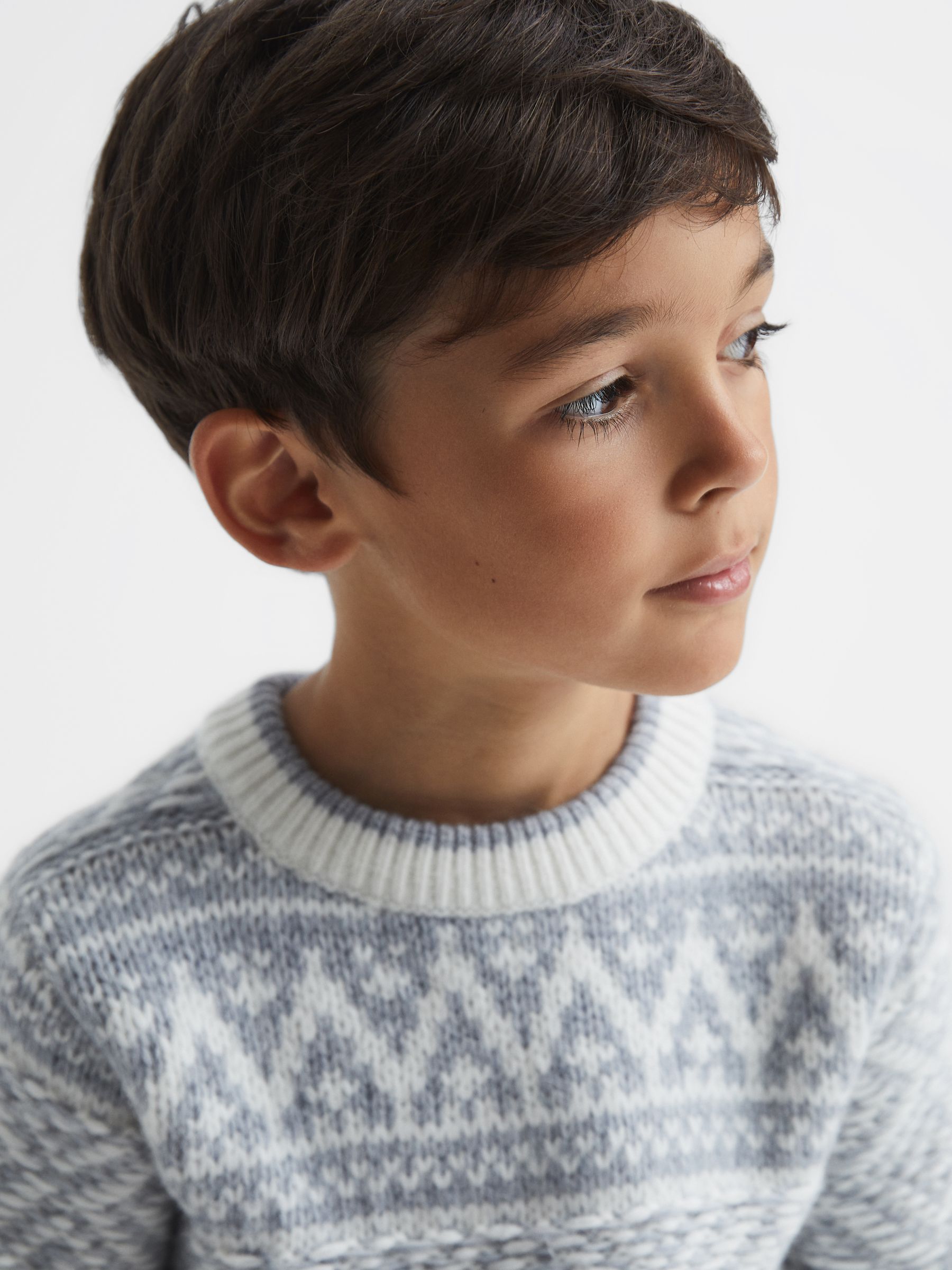 Senior Crew Neck Fairisle Pattern Wool Blend Jumper in Soft Blue Melange/Ecru - 圖片 4/7