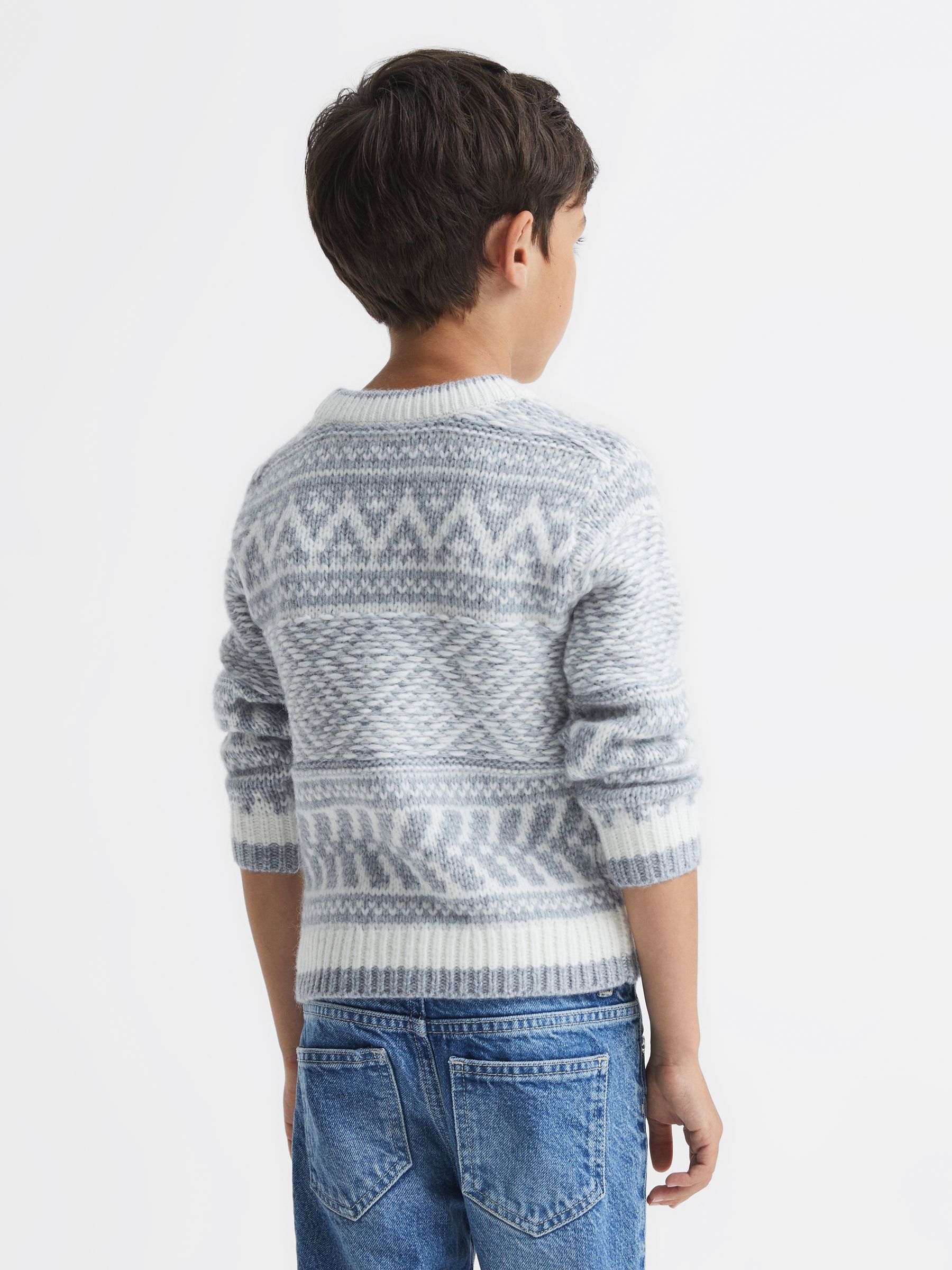 Senior Crew Neck Fairisle Pattern Wool Blend Jumper in Soft Blue Melange/Ecru - 圖片 5/7
