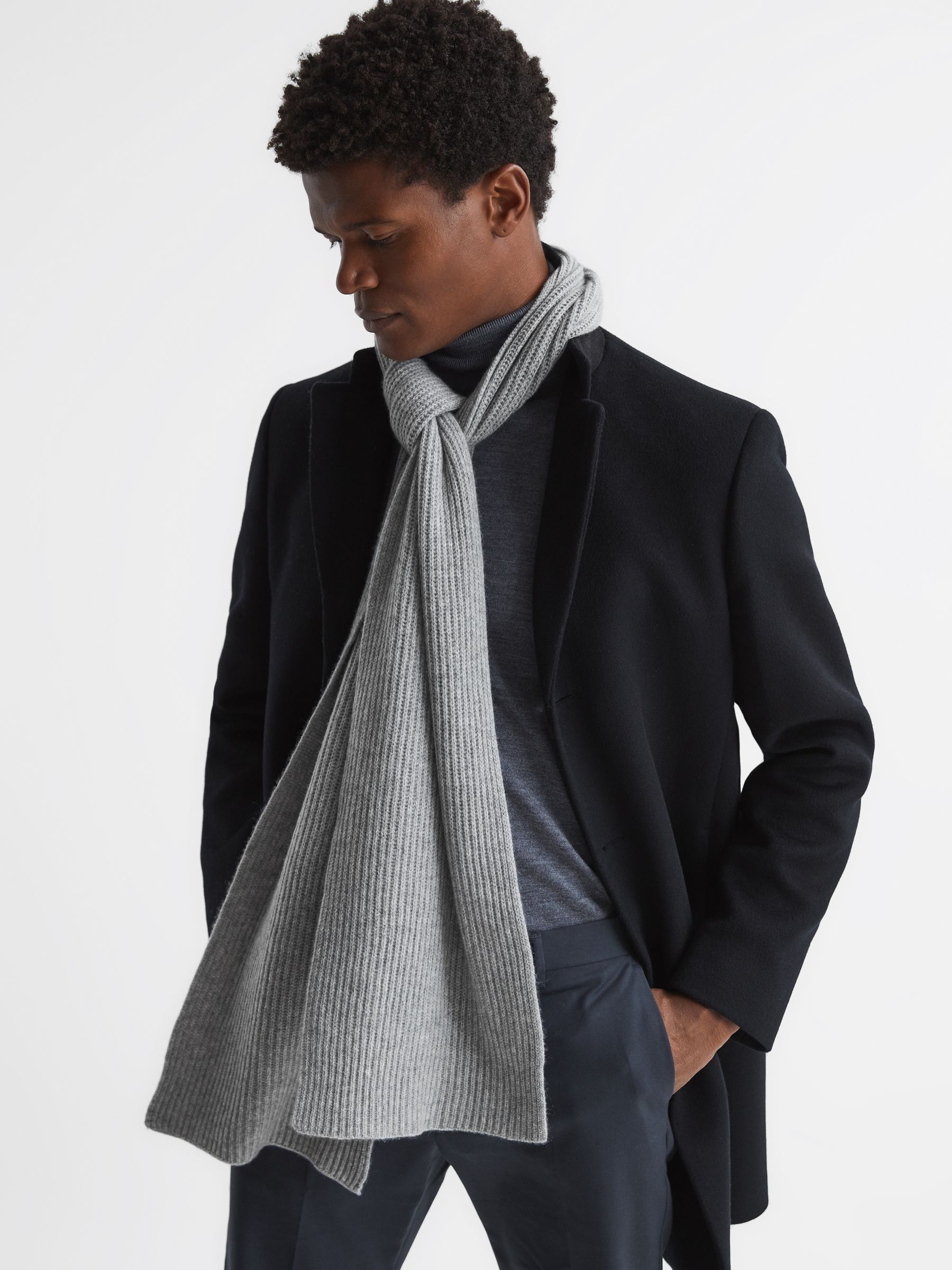 Ribbed 100% Cashmere Scarf in Grey Melange - Image 2 of 4