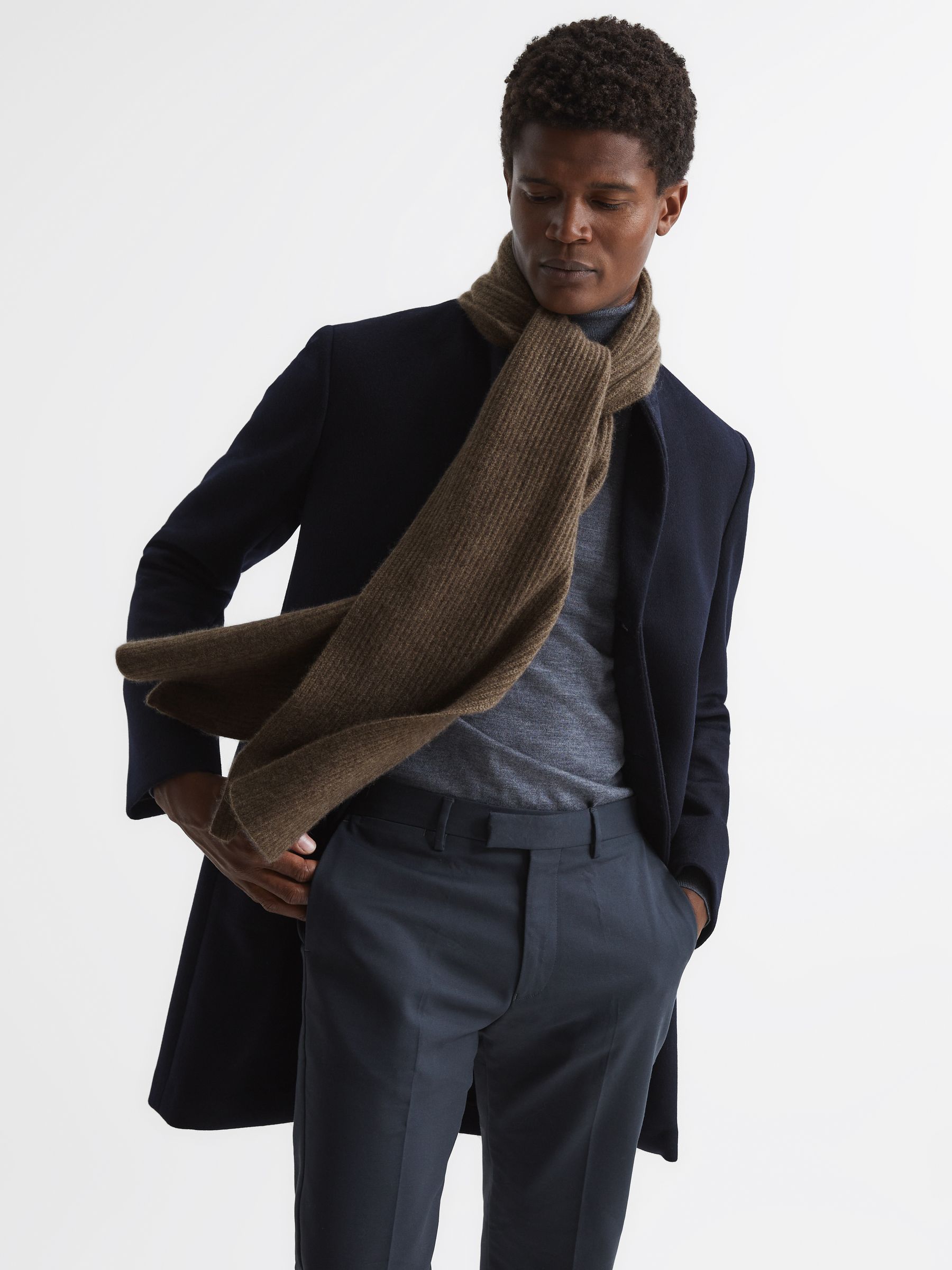 Ribbed 100% Cashmere Scarf in Taupe - Image 3 of 5