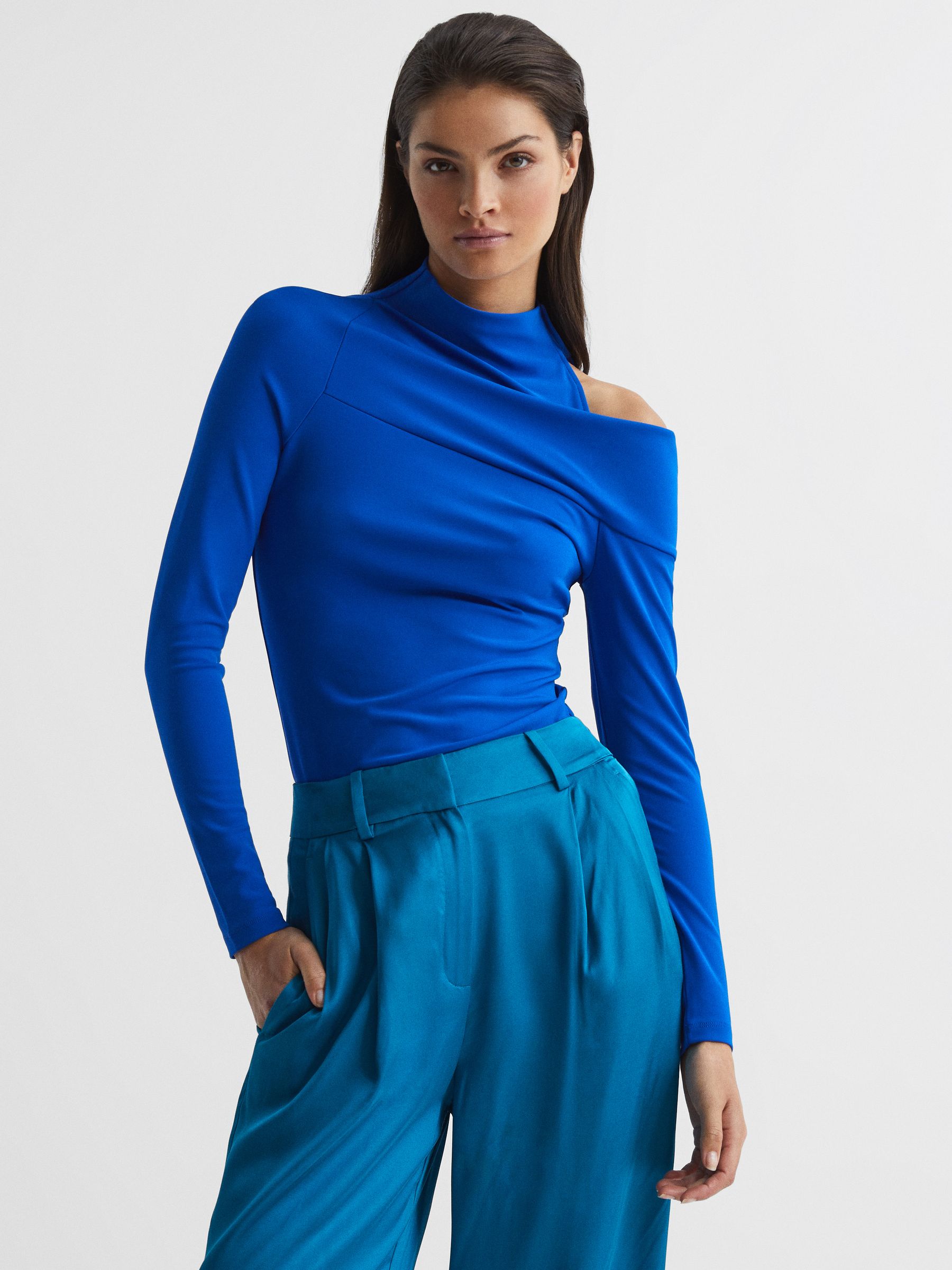High Neck Cut Out Shoulder Top in Blue - Image 1 of 6 High Neck Cut Out Shoulder Top in Blue - Image 1 of 6