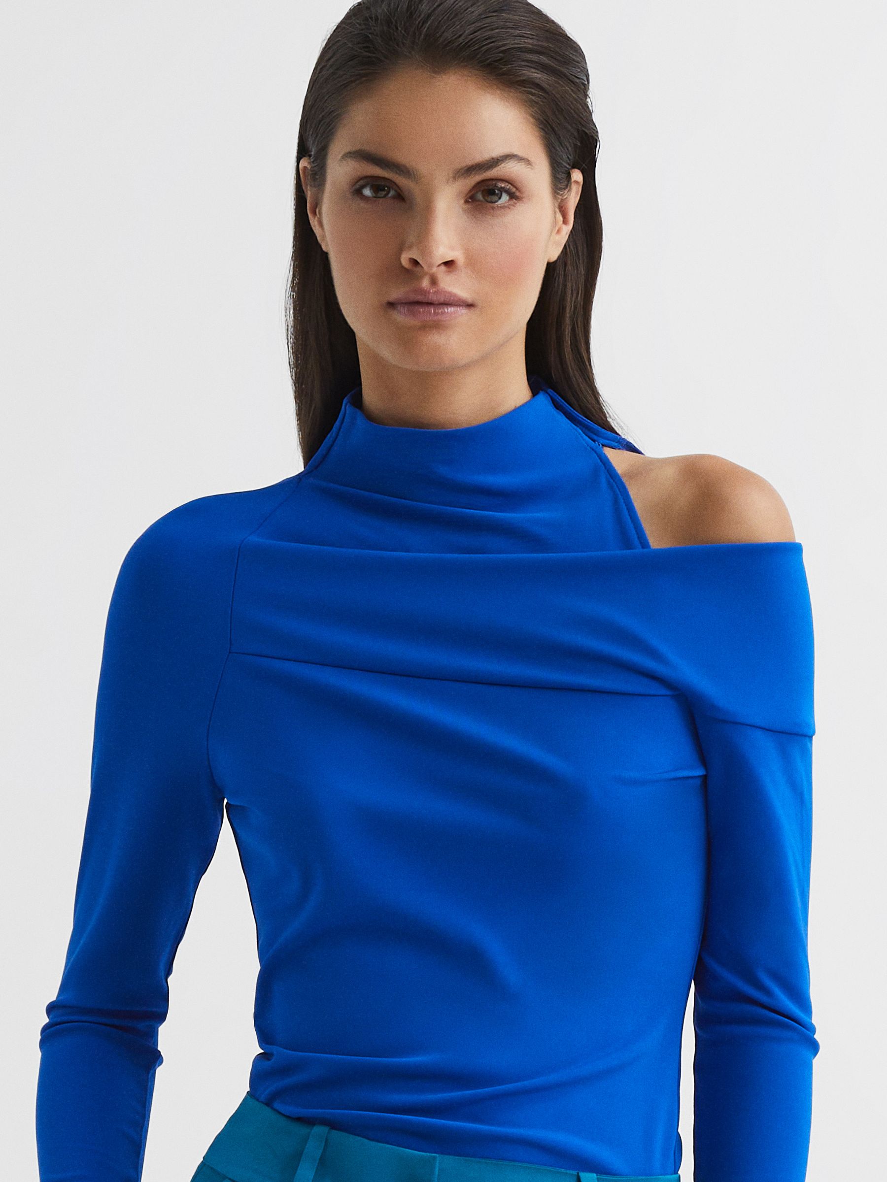 High Neck Cut Out Shoulder Top in Blue - Image 6 of 6