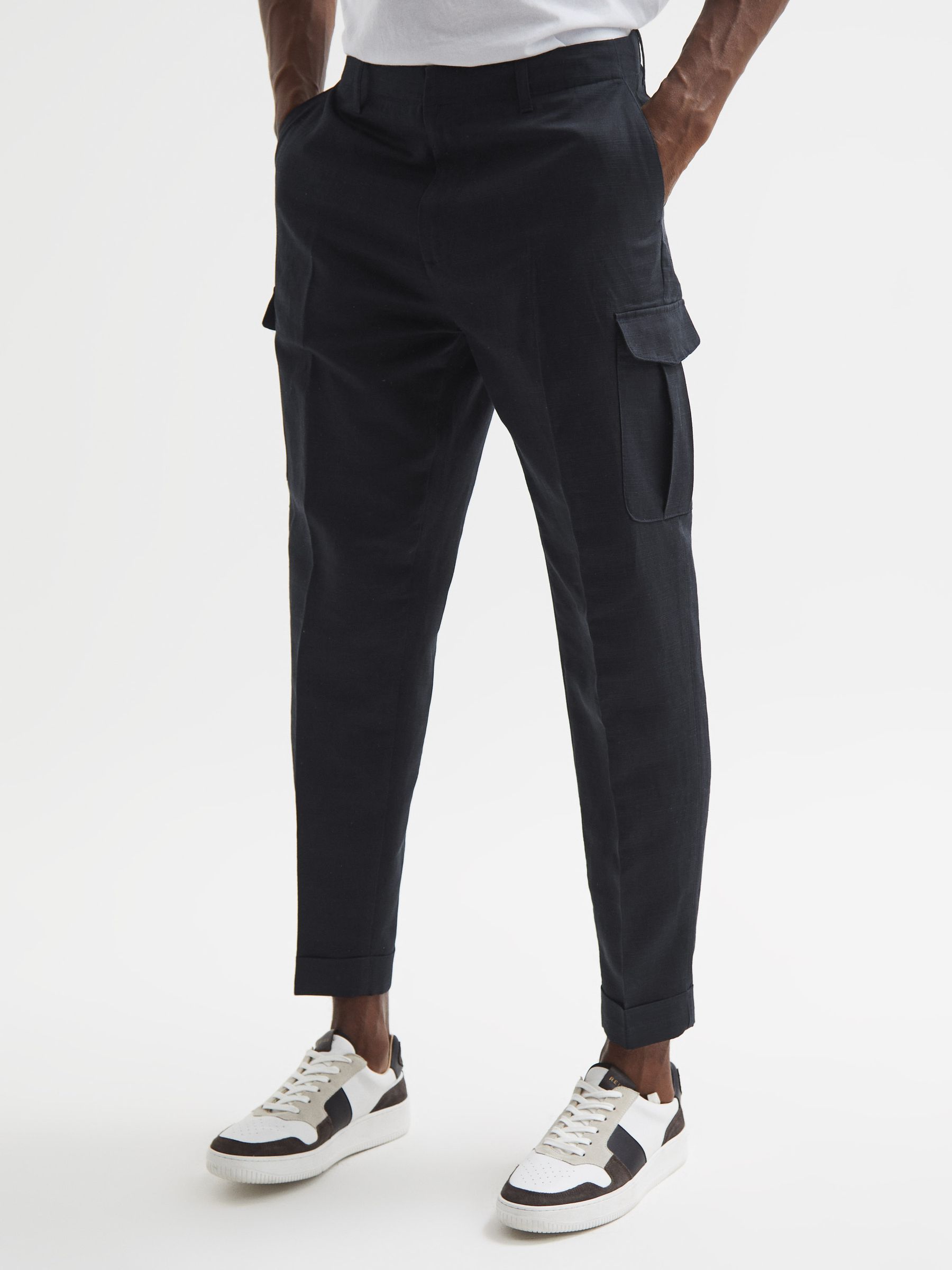 Relaxed Cropped Cargo Trousers in Navy - Image 1 of 6