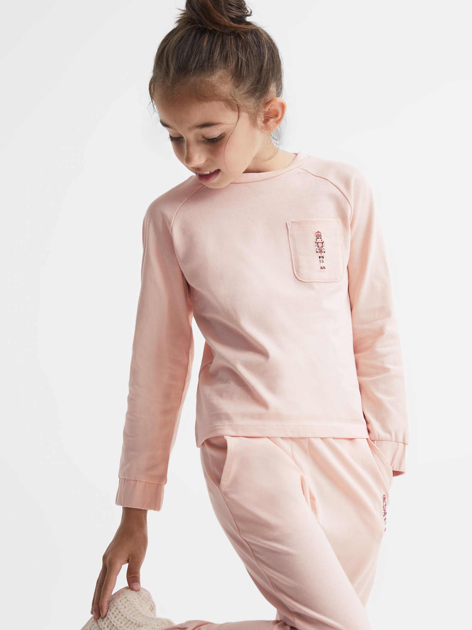 Junior Long Sleeve Embroidered Nightwear Top in Pink - Image 1 of 7