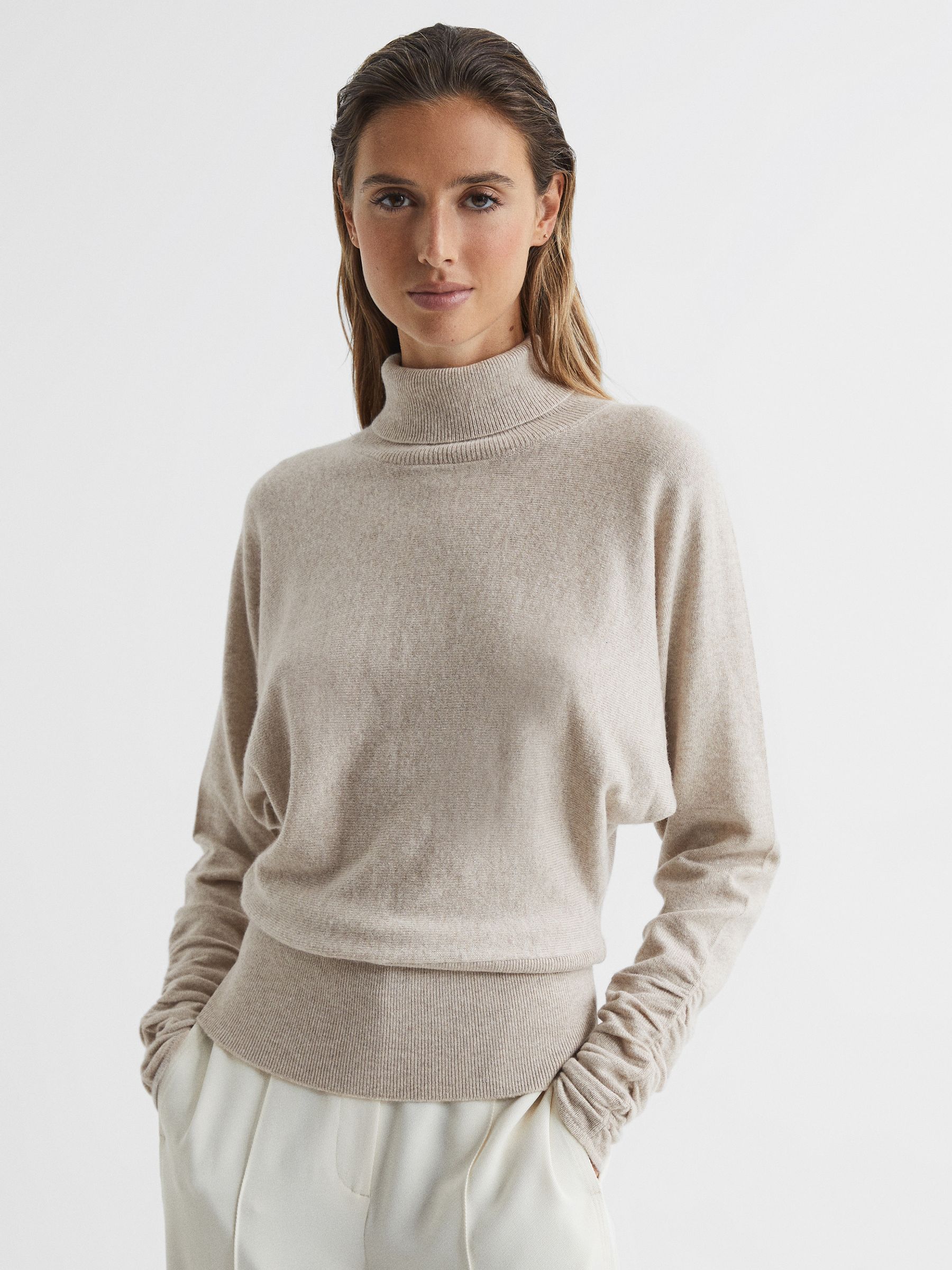 Ruched Sleeve Wool-Cashmere Roll Neck Jumper in Stone - Image 1 of 7