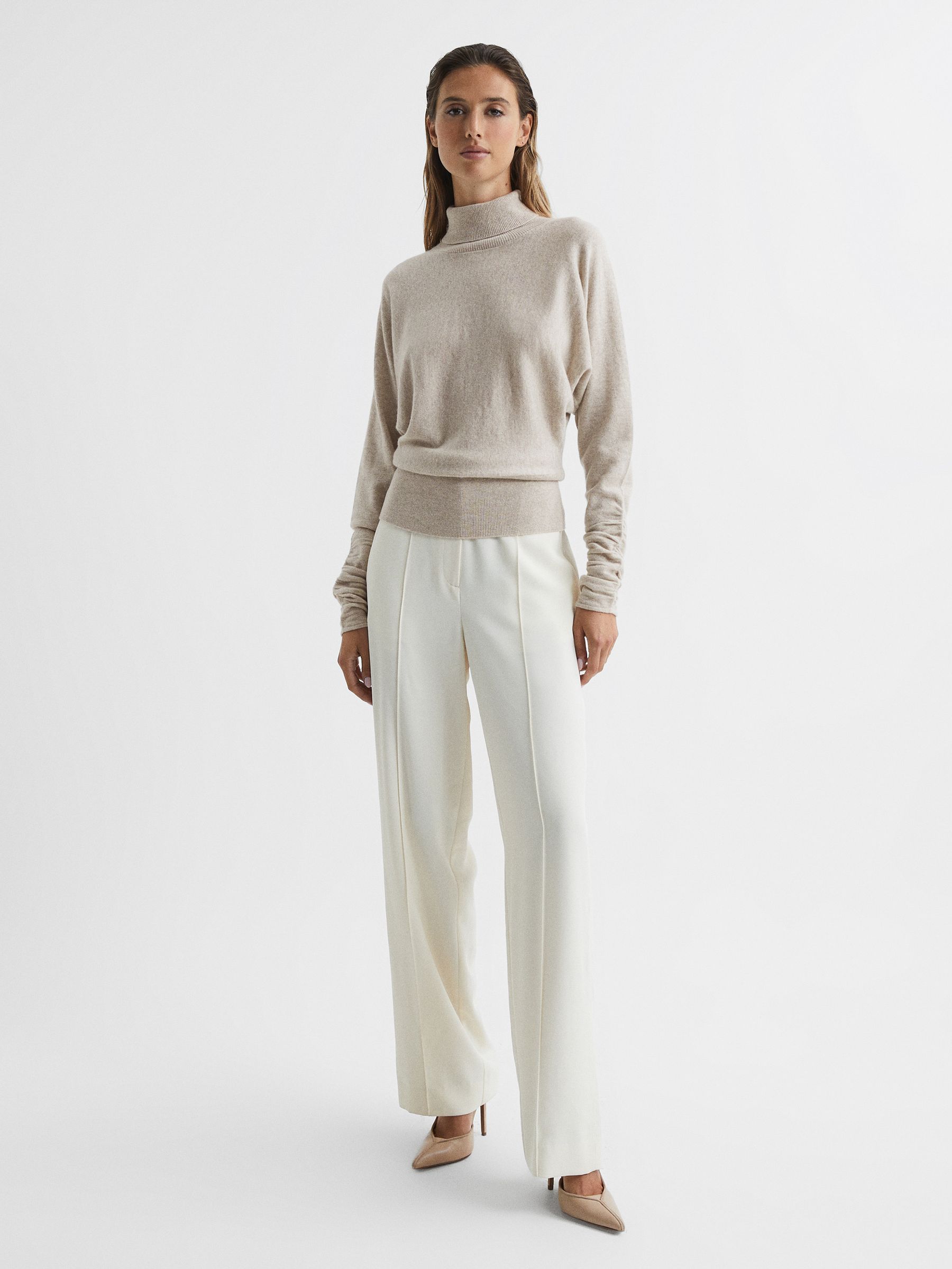 Ruched Sleeve Wool-Cashmere Roll Neck Jumper in Stone - Image 3 of 7