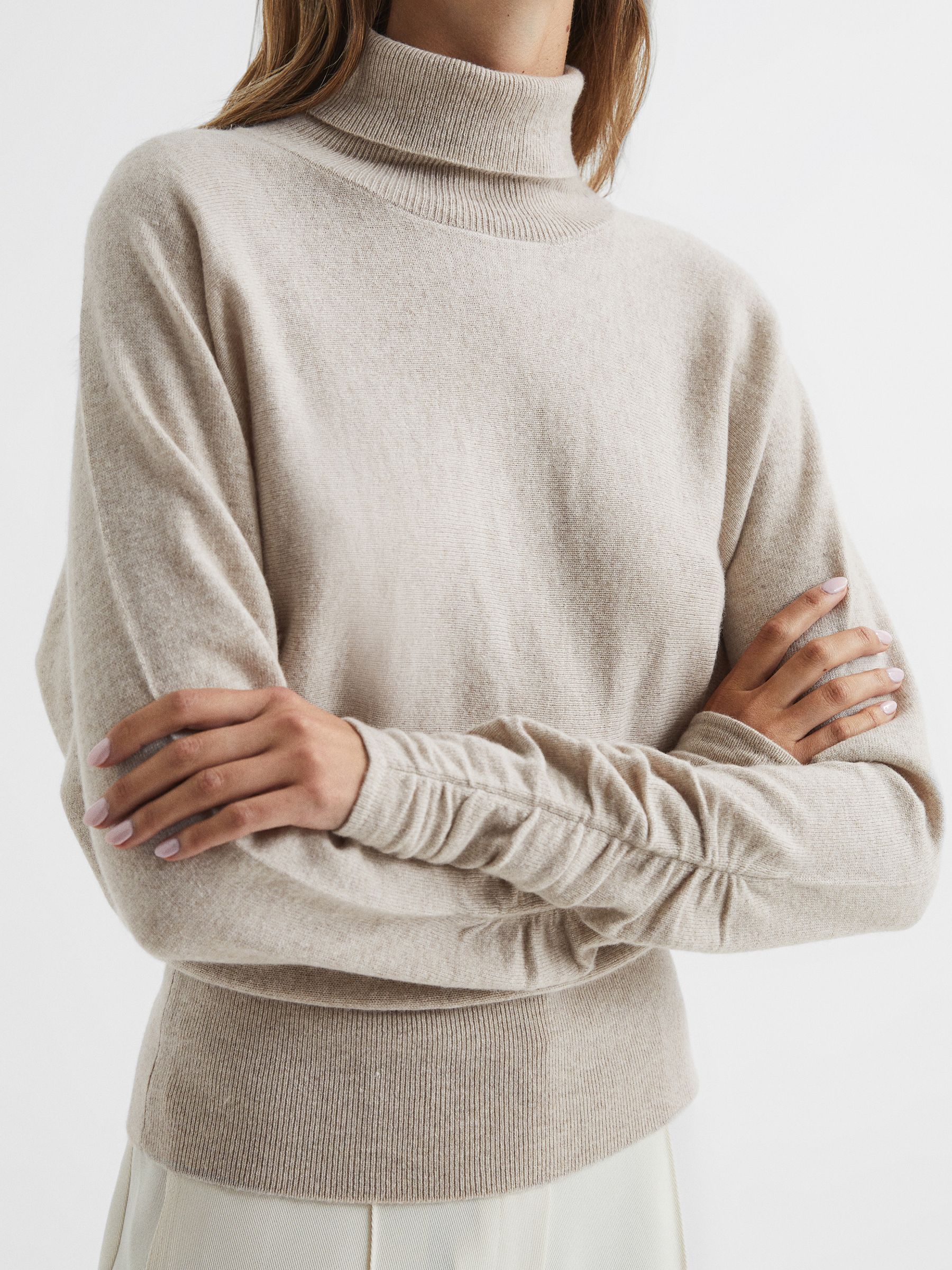 Ruched Sleeve Wool-Cashmere Roll Neck Jumper in Stone - Image 4 of 7