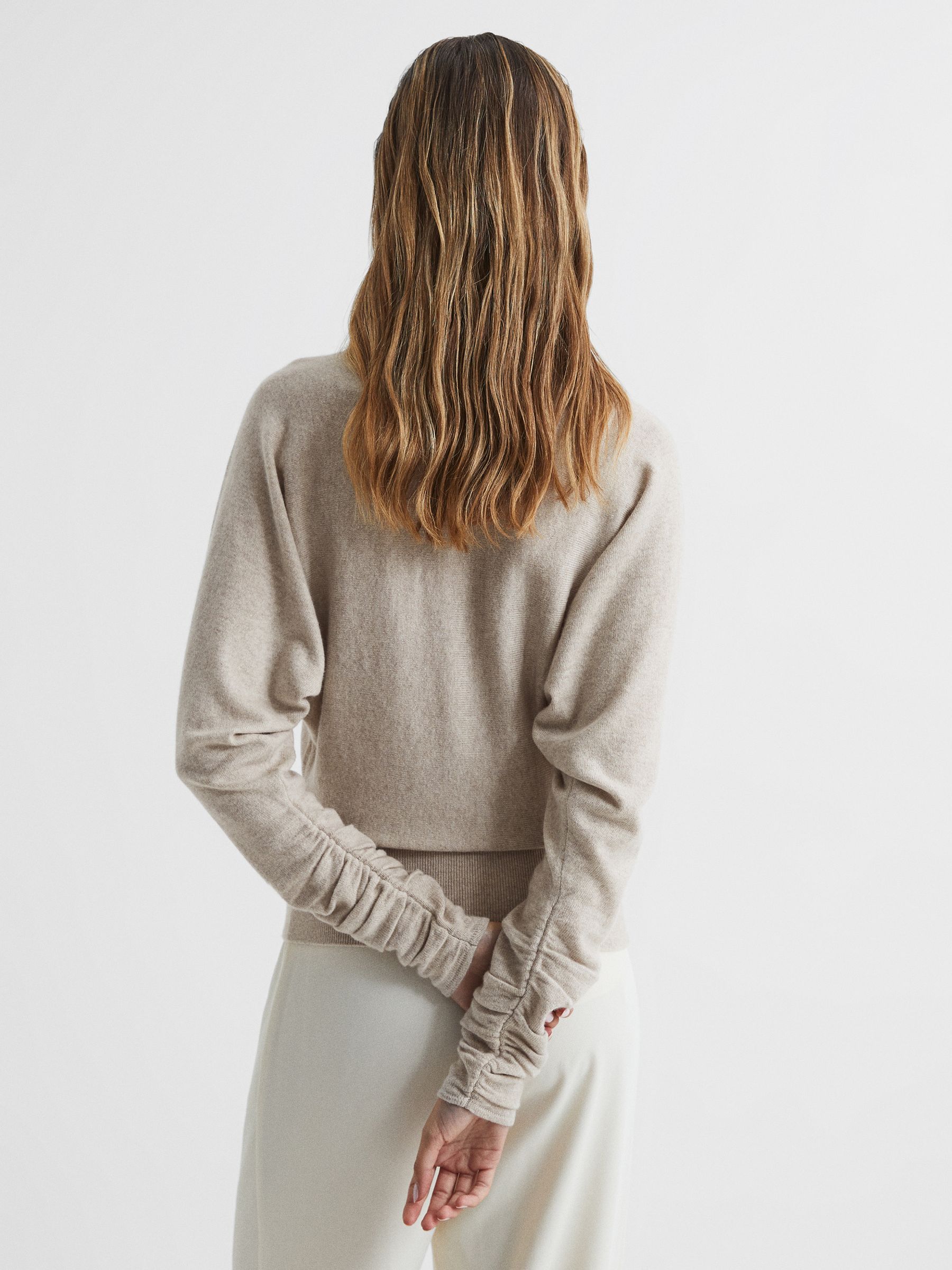 Ruched Sleeve Wool-Cashmere Roll Neck Jumper in Stone - Image 5 of 7