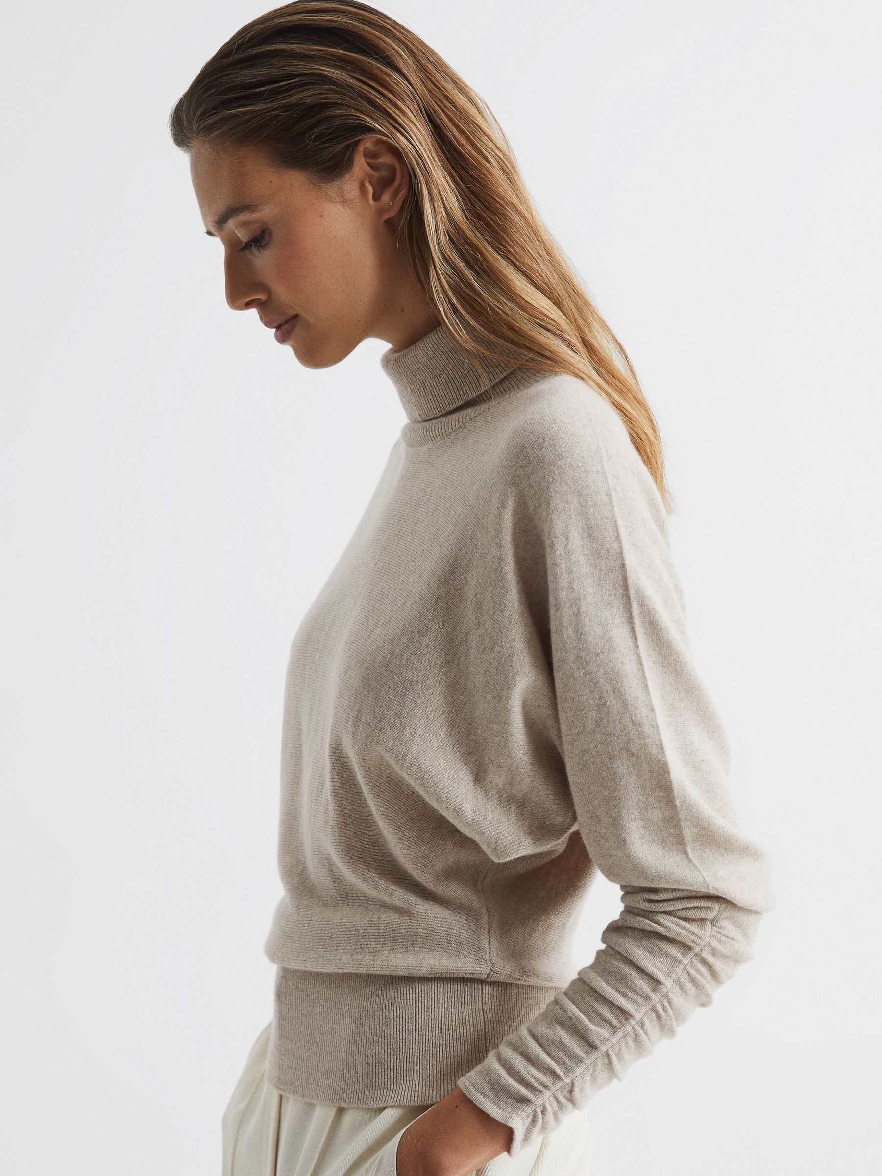 Ruched Sleeve Wool-Cashmere Roll Neck Jumper in Stone - Image 6 of 7