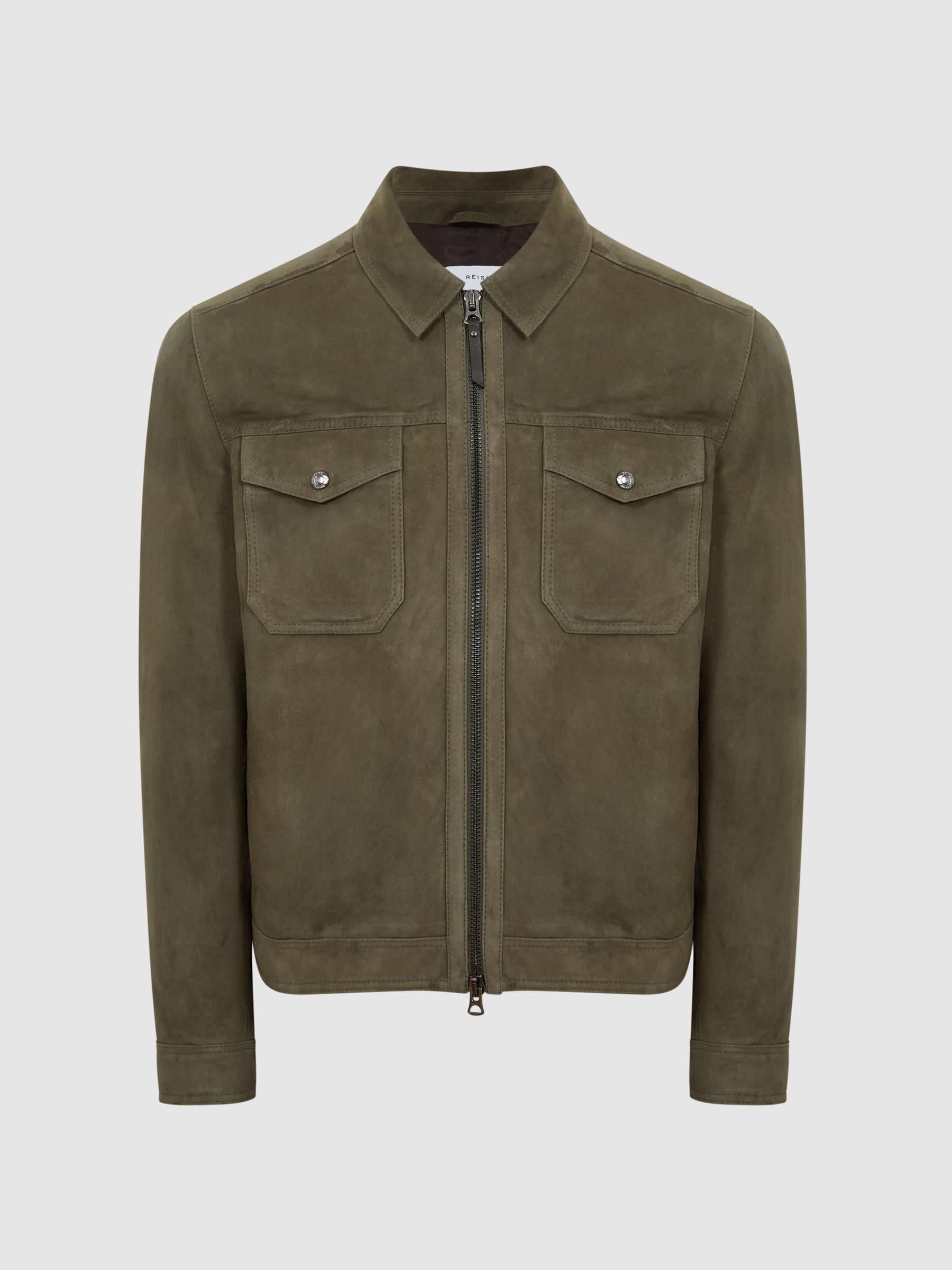 Suede Zip Through Trucker Jacket in Sage - Image 2 of 6