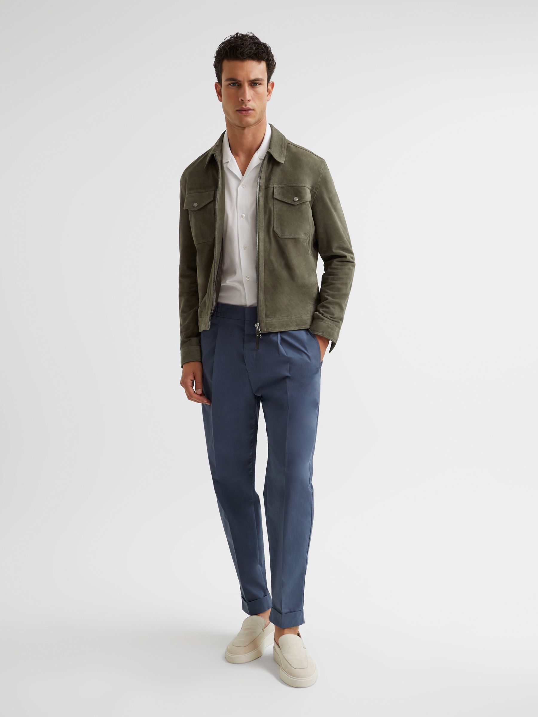Suede Zip Through Trucker Jacket in Sage - Image 3 of 6