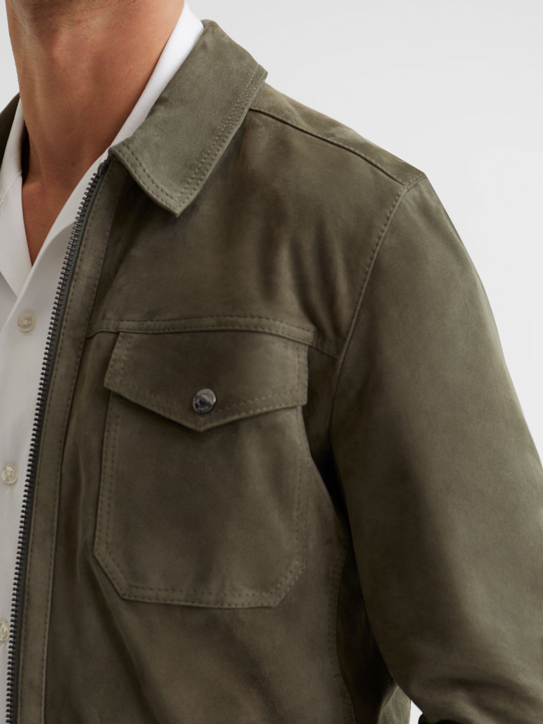 Suede Zip Through Trucker Jacket in Sage - Image 4 of 6