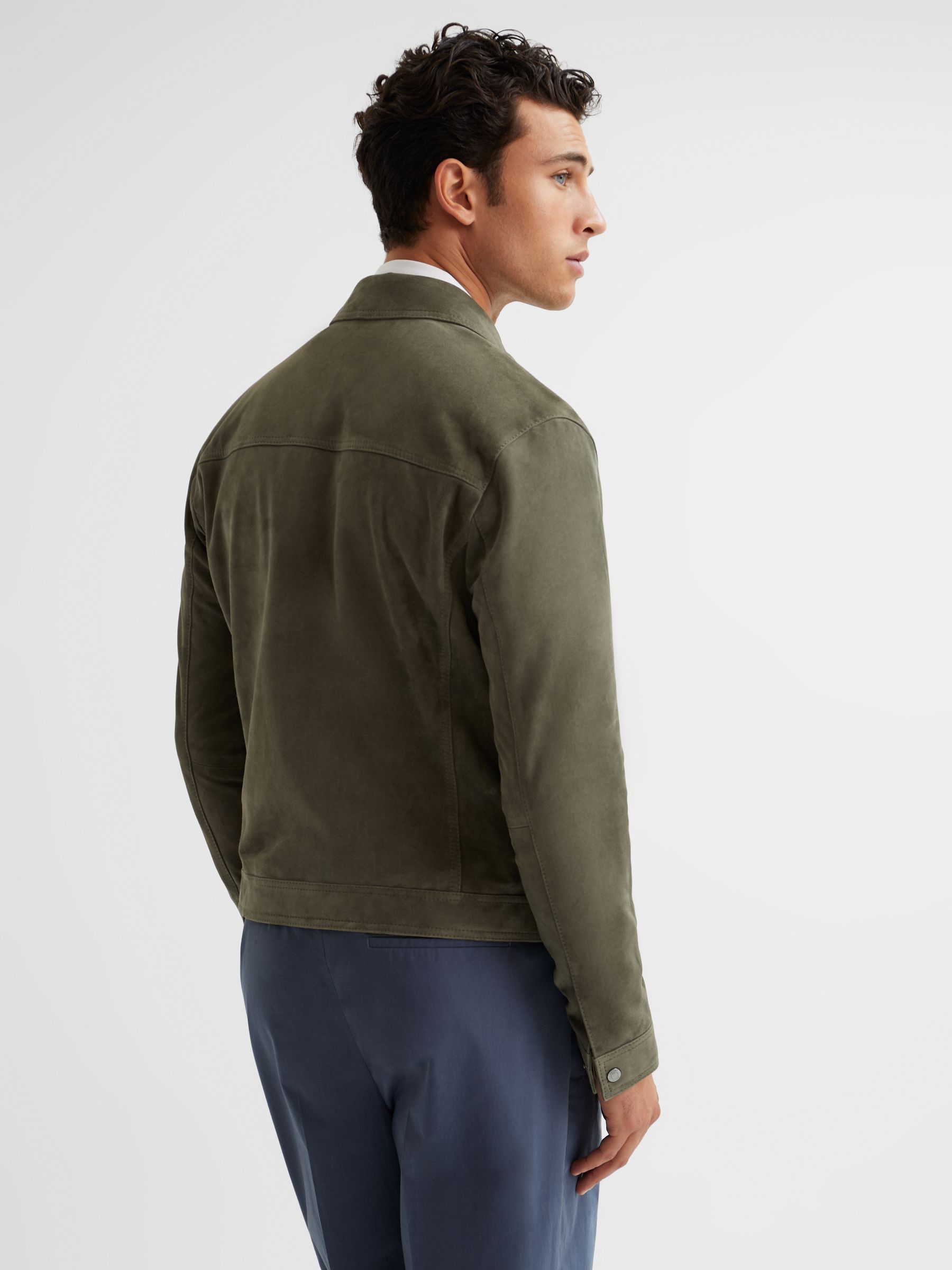Suede Zip Through Trucker Jacket in Sage - Image 5 of 6
