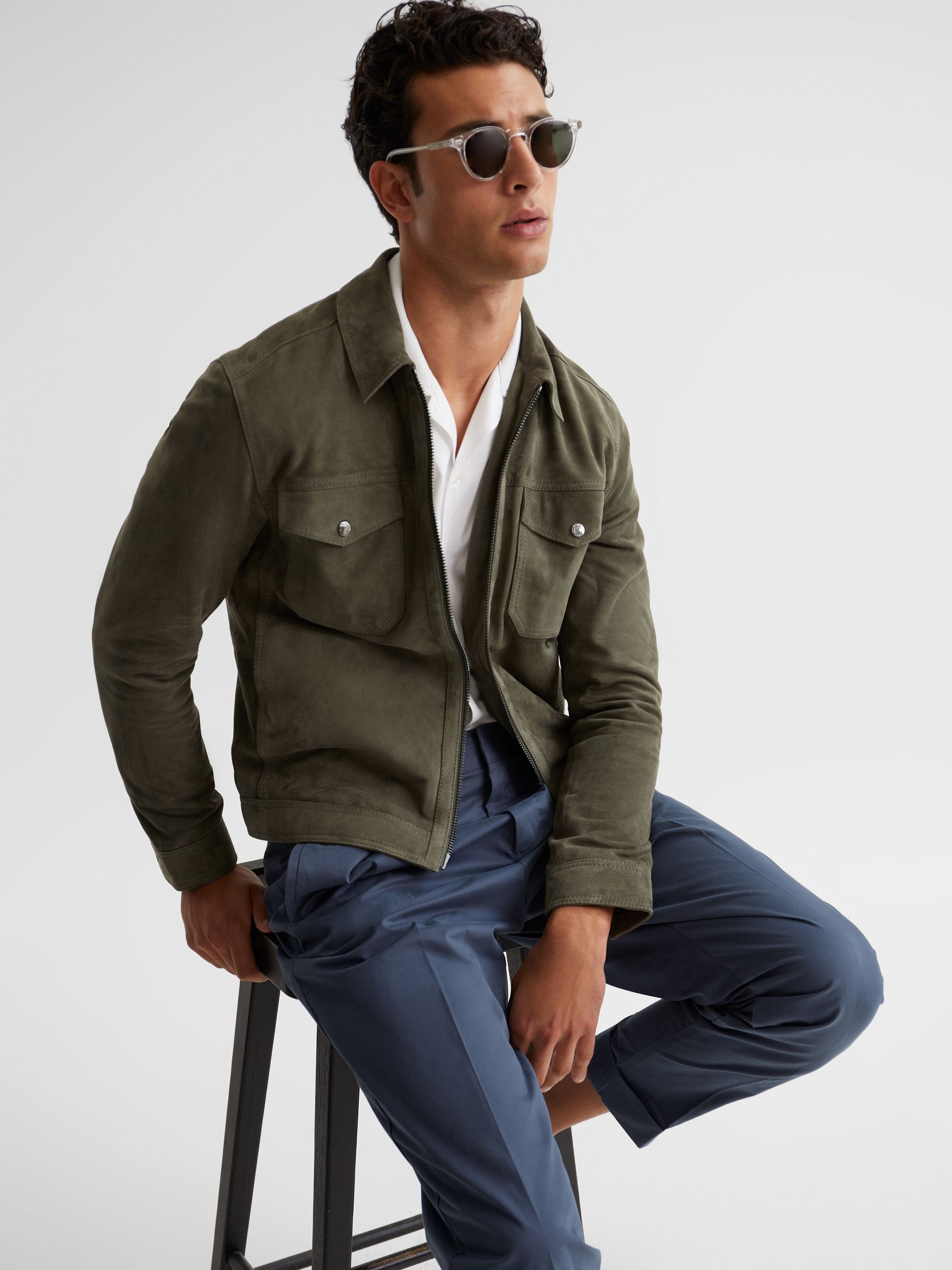 Suede Zip Through Trucker Jacket in Sage - Image 6 of 6