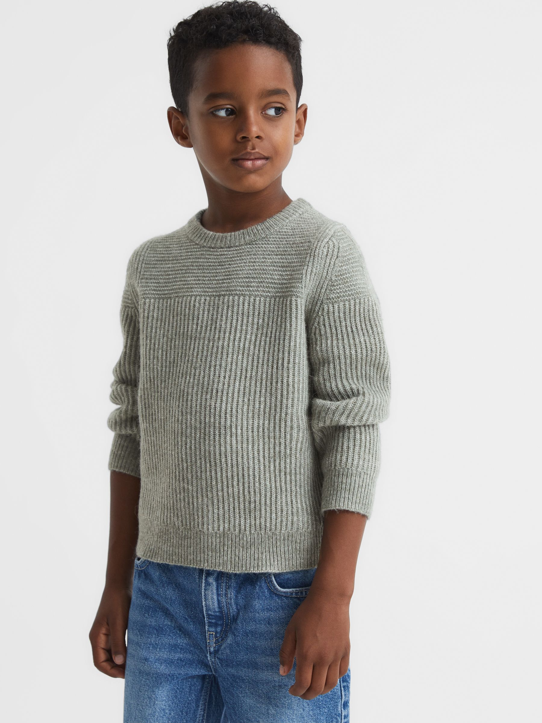 Junior Crew Neck Ribbed Wool Blend Jumper in Sage - Image 1 of 5