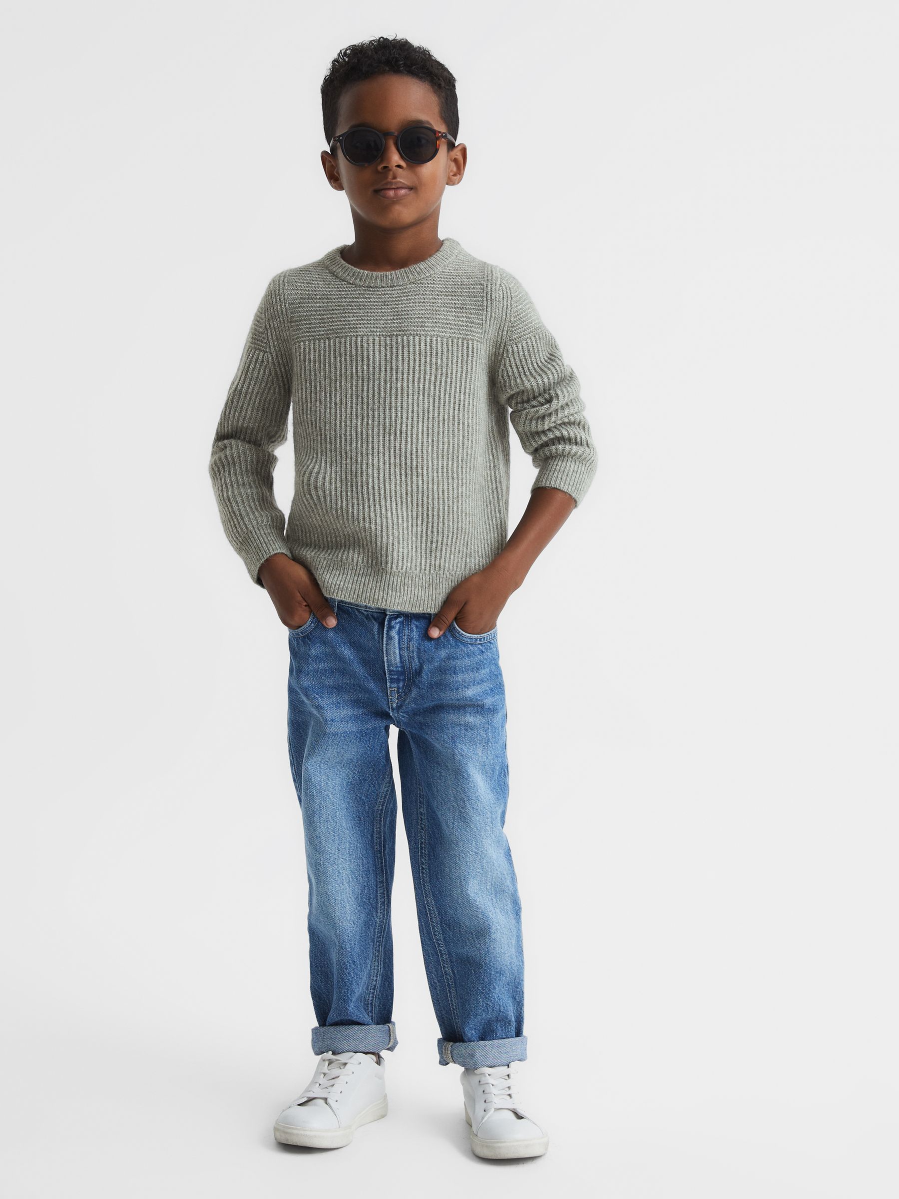 Junior Crew Neck Ribbed Wool Blend Jumper in Sage - Image 3 of 5
