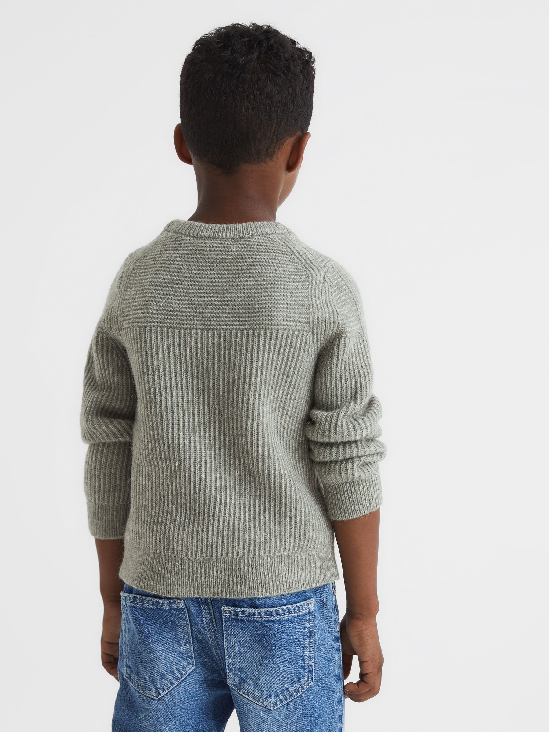 Junior Crew Neck Ribbed Wool Blend Jumper in Sage - Image 4 of 5