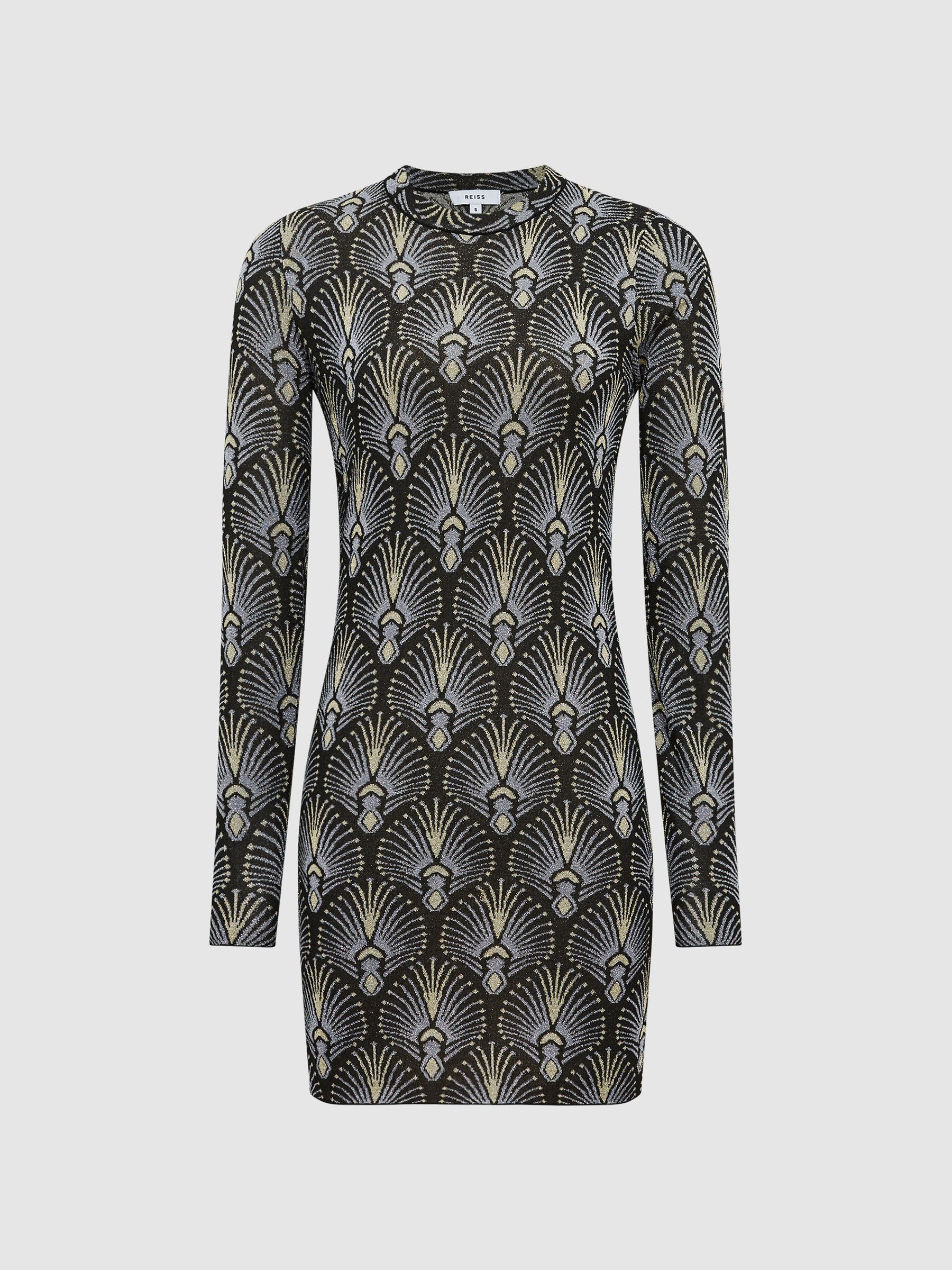 Reiss Metallic Jacquard Tunic Mini Dress in Blue | REISS