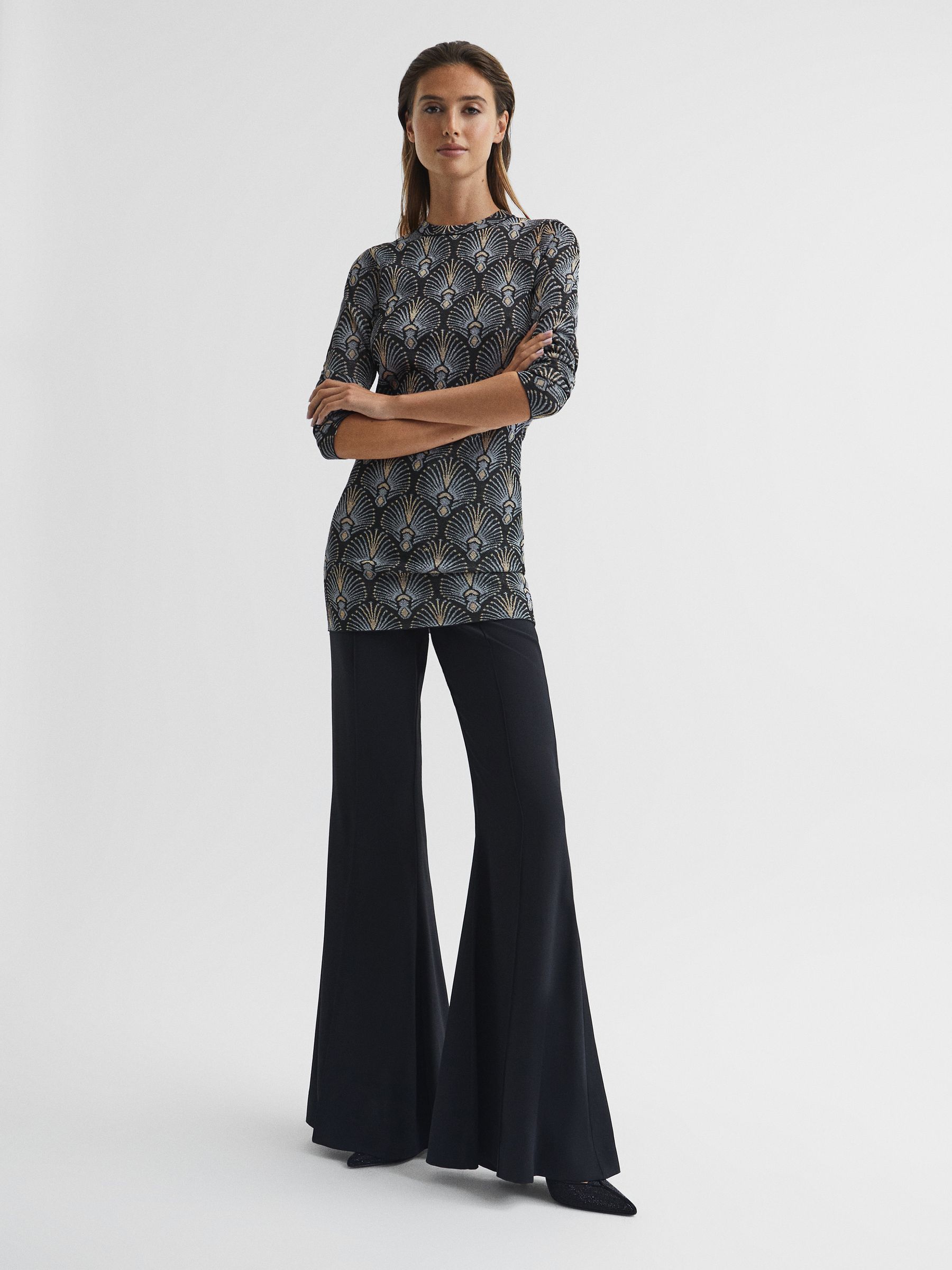 Reiss Metallic Jacquard Tunic Mini Dress in Blue | REISS