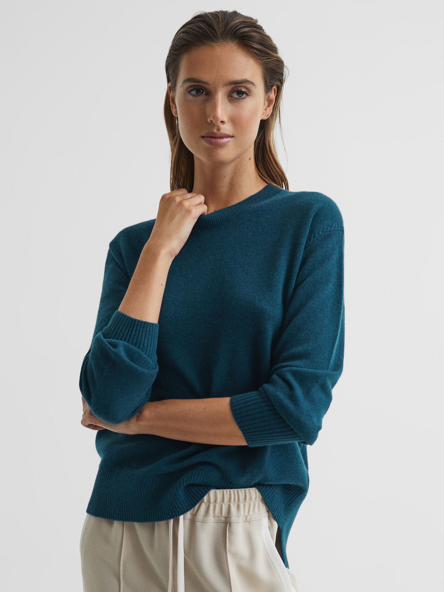 Cashmere Crew Neck Jumper in Teal - Image 1 of 6 Cashmere Crew Neck Jumper in Teal - Image 1 of 6
