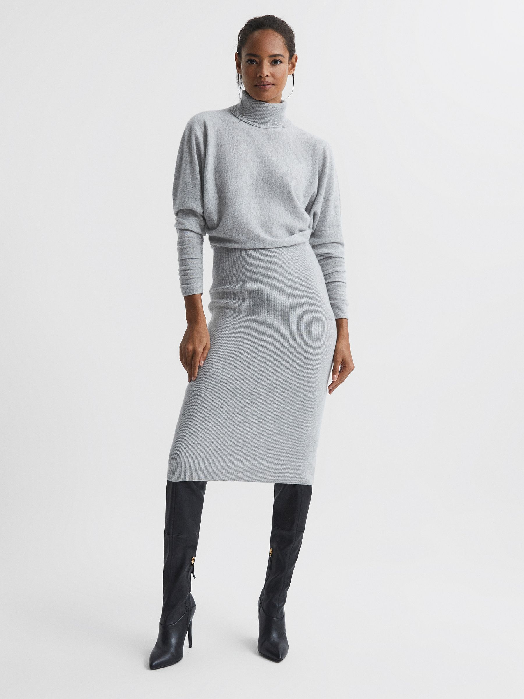 Cashmere Roll Neck Knitted Dress in Grey - Image 1 of 5