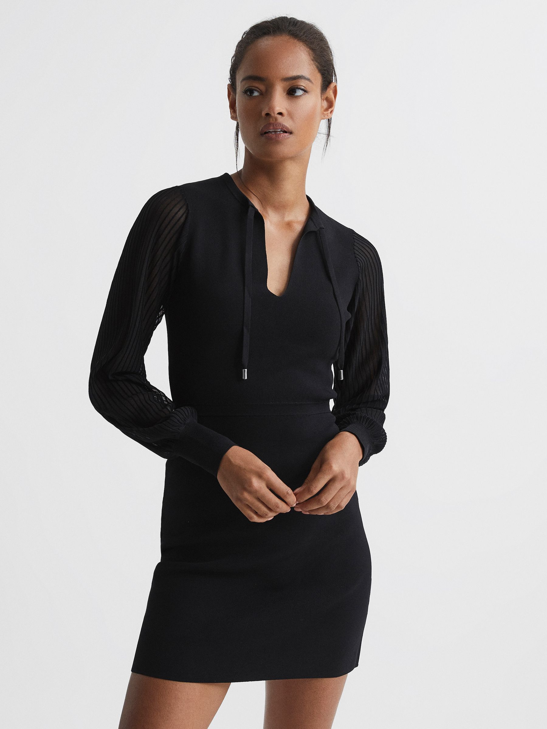 Reiss Sheer Sleeve Knitted Dress in Black - REISS