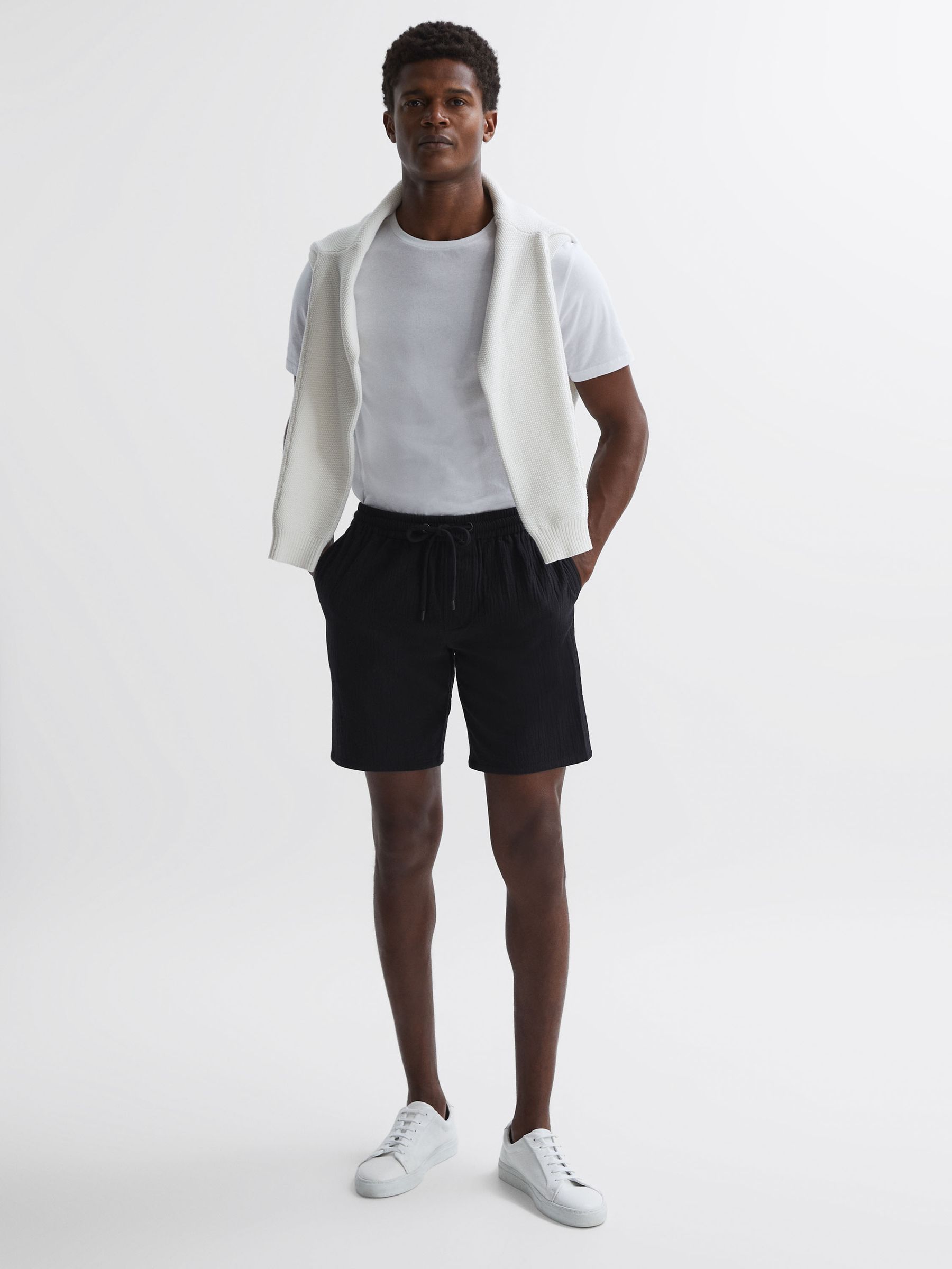 Paige Cotton Textured Drawstring Shorts in Black - Image 3 of 5