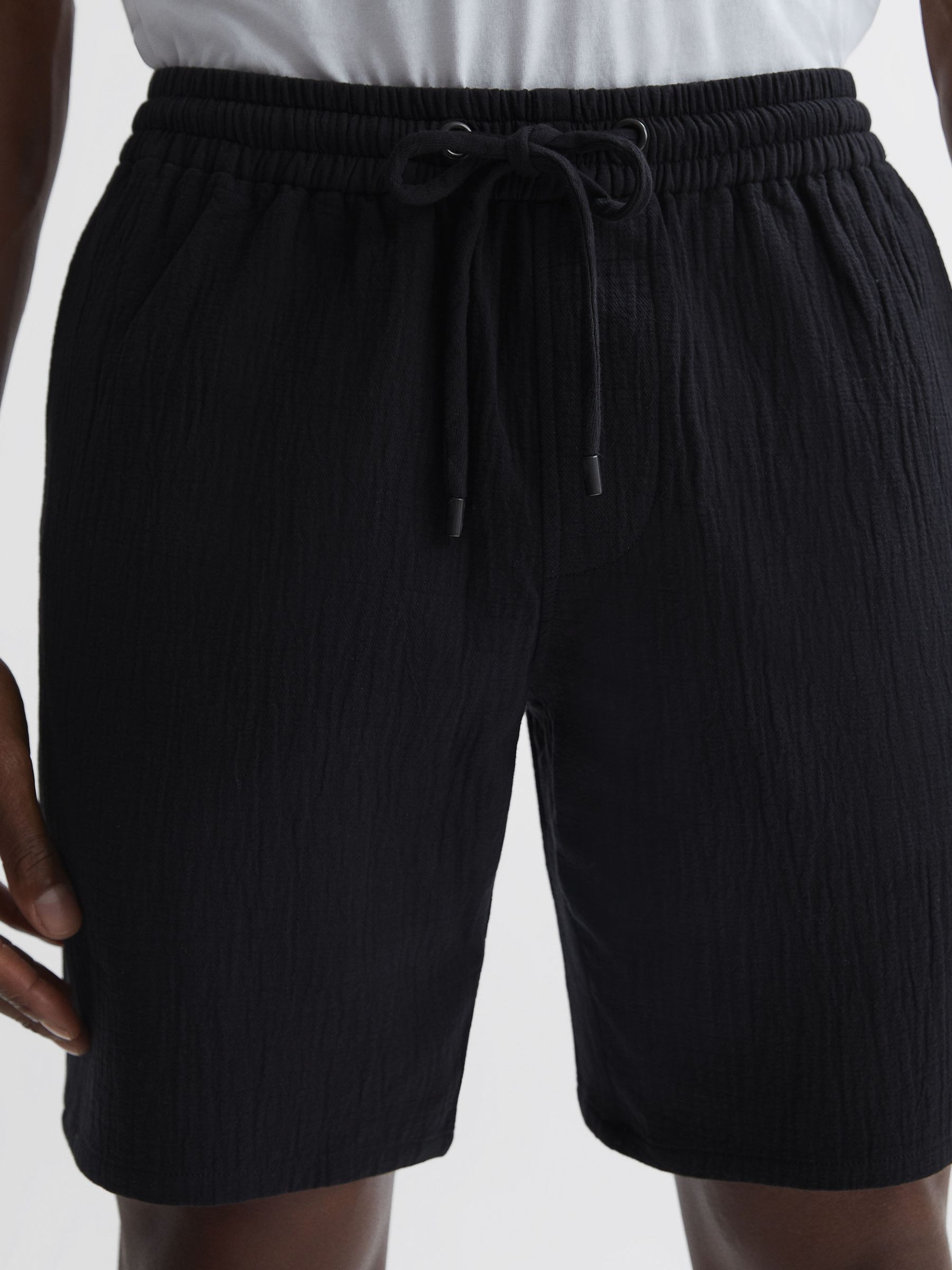 Paige Cotton Textured Drawstring Shorts in Black - Image 4 of 5