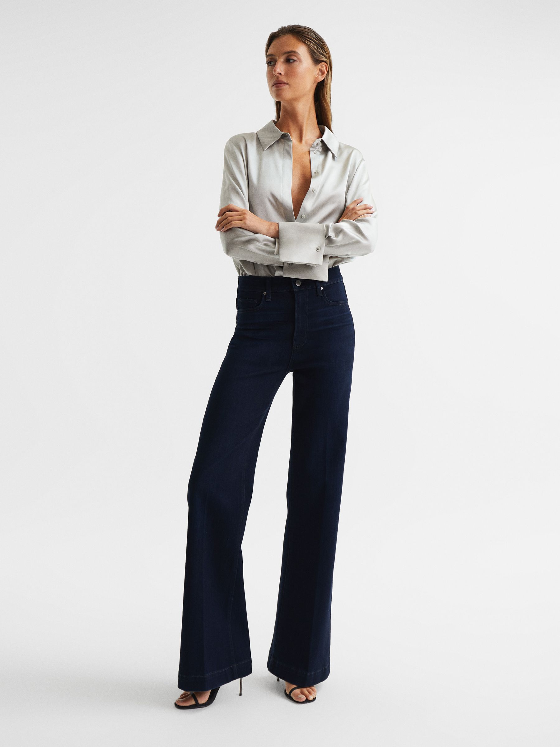 Paige High Rise Flared Jeans in Dark Indigo - Image 3 of 8