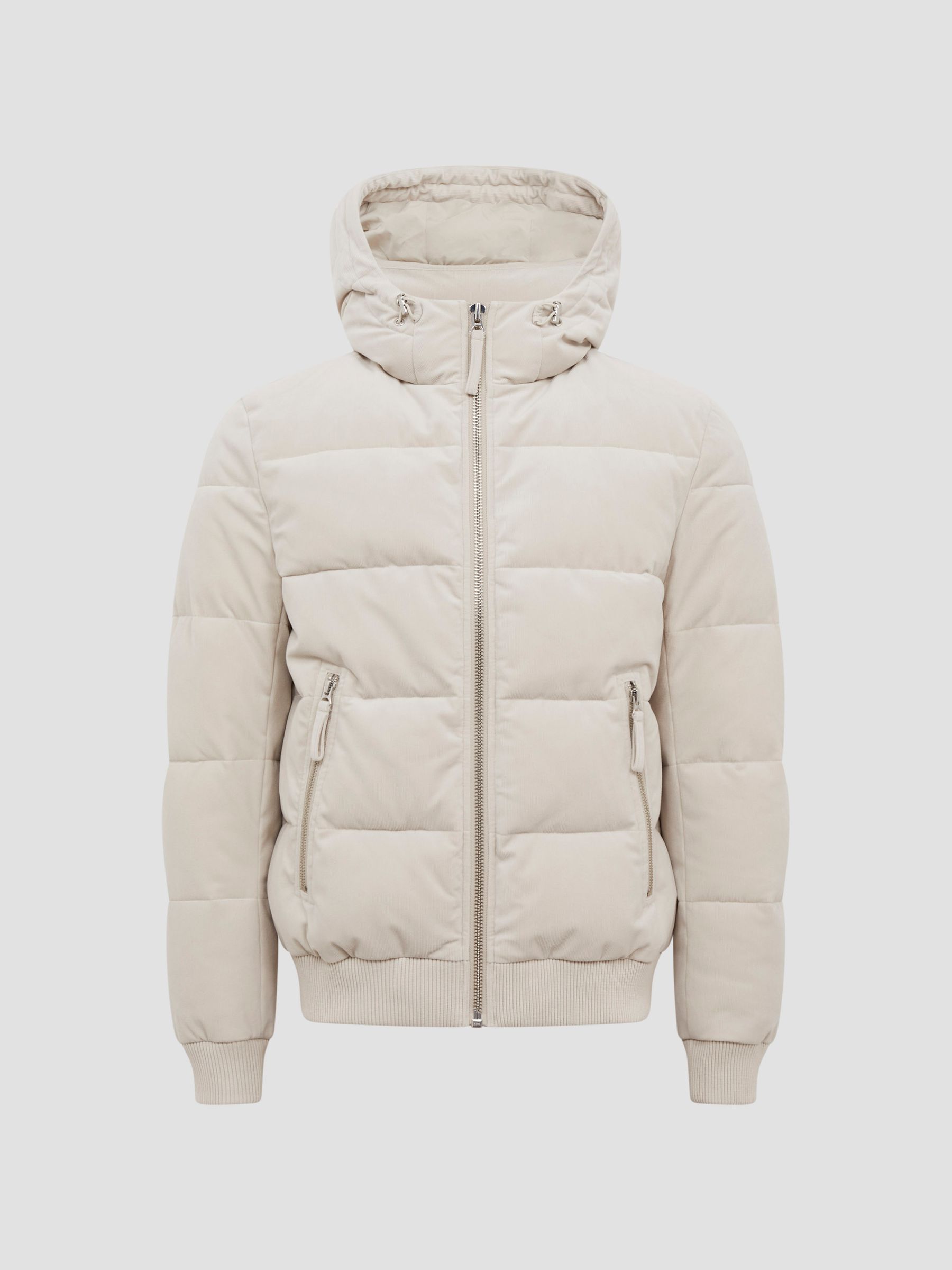 Reiss Hooded Corduroy Short Puffer Jacket in Oatmeal | REISS