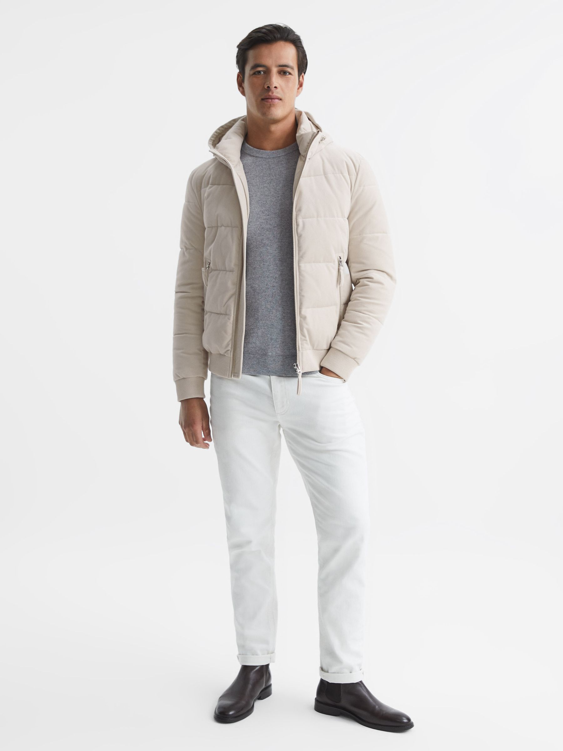 Hooded Corduroy Short Puffer Jacket in Oatmeal - Image 3 of 5