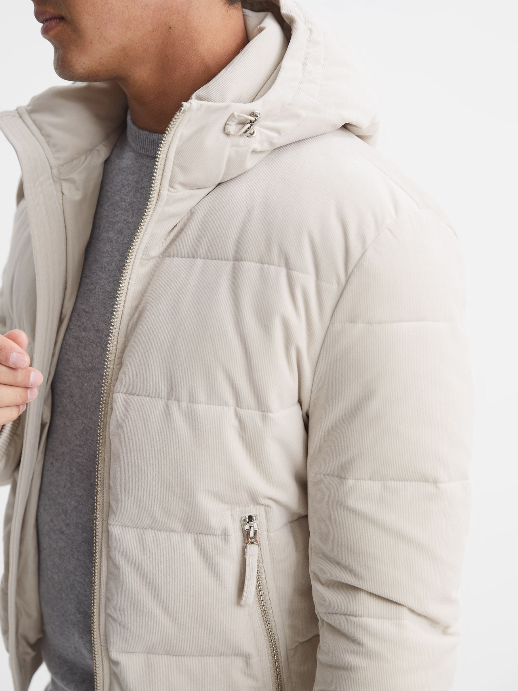 Reiss Hooded Corduroy Short Puffer Jacket in Oatmeal | REISS