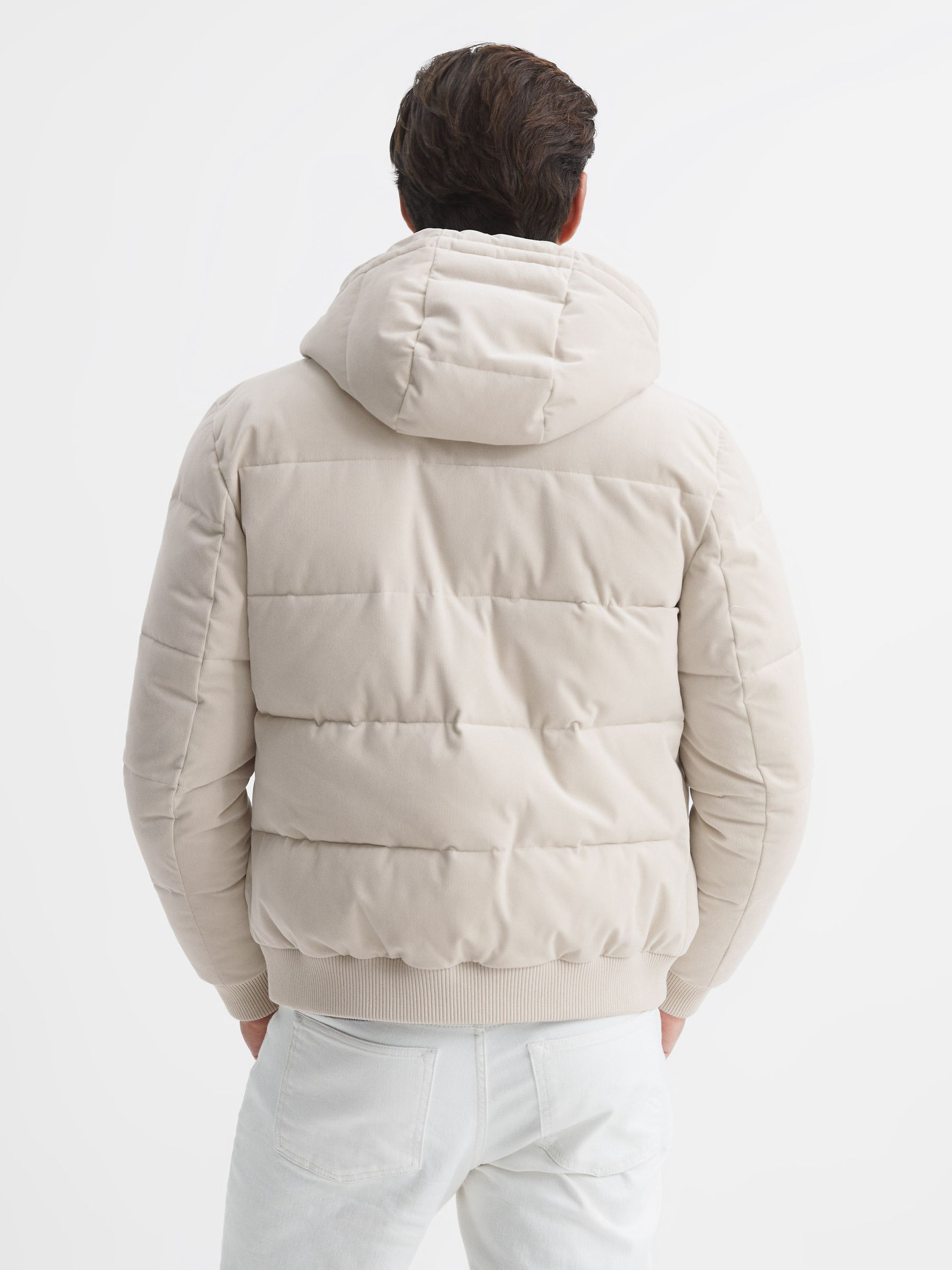 Hooded Corduroy Short Puffer Jacket in Oatmeal - Image 5 of 5