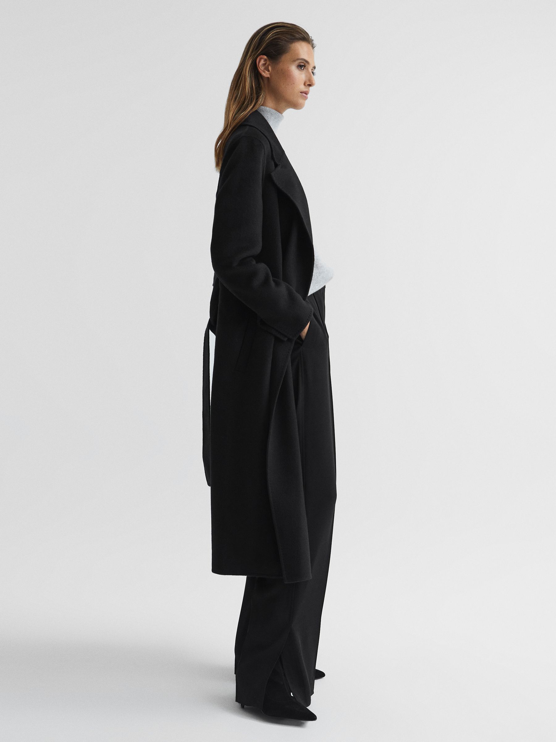 100% Cashmere Wool Blindseam Long Coat in Black - Image 1 of 8