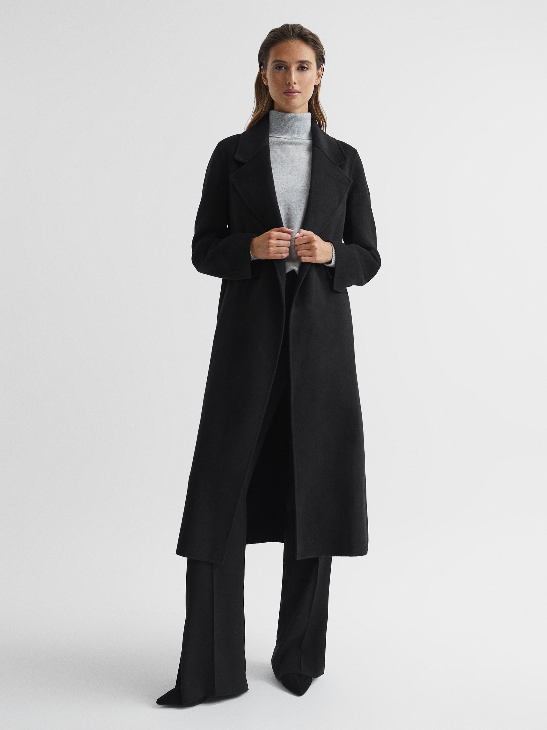 100% Cashmere Wool Blindseam Long Coat in Black - Image 3 of 8