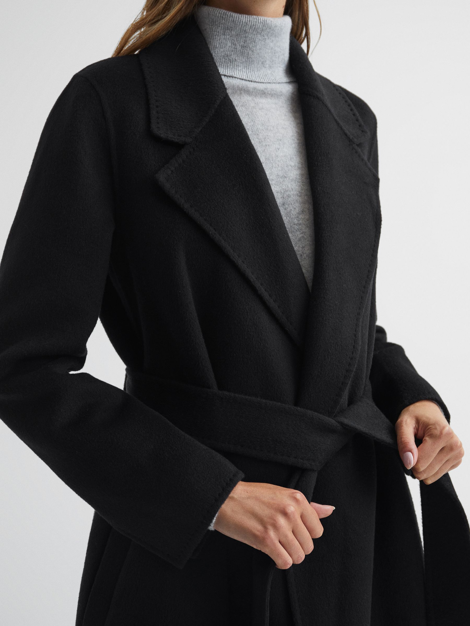 100% Cashmere Wool Blindseam Long Coat in Black - Image 4 of 8