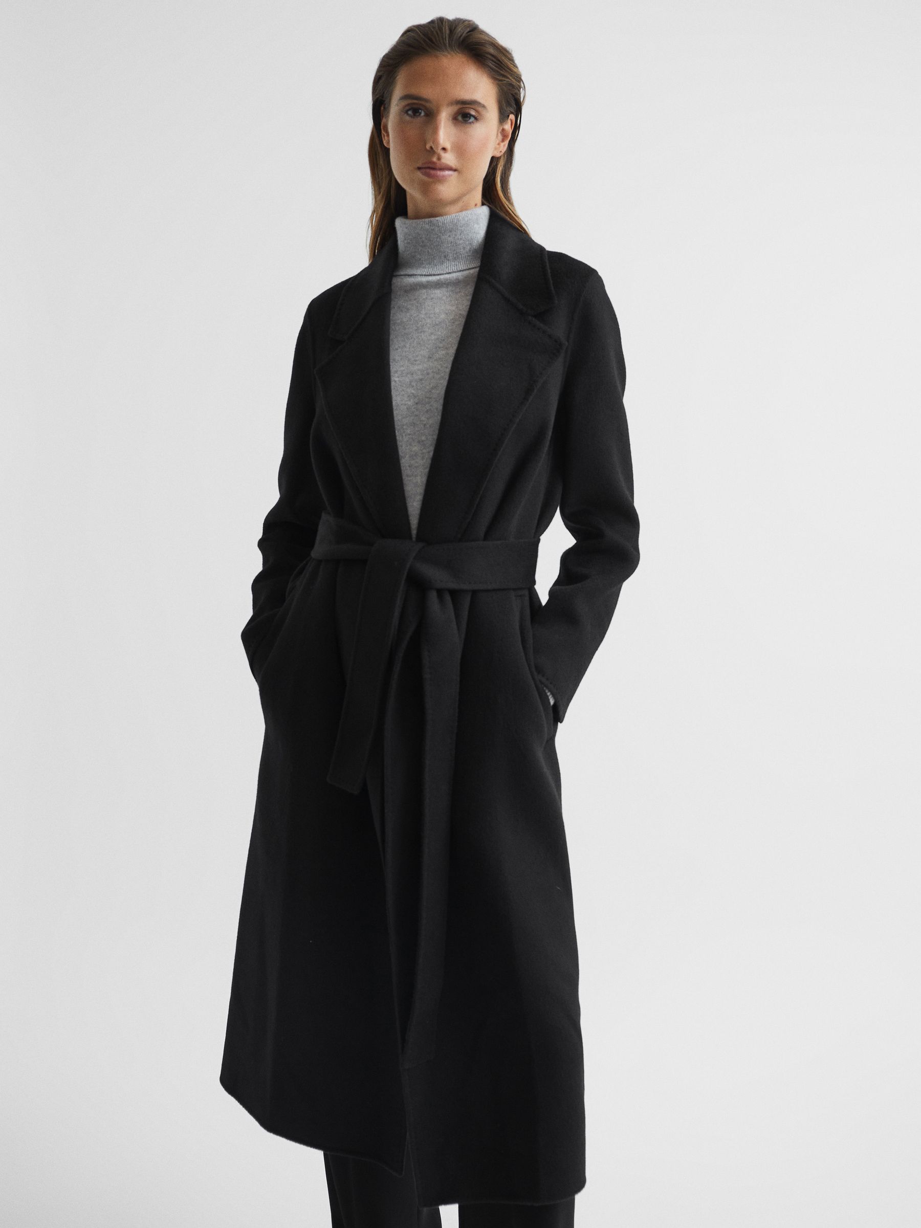 100% Cashmere Wool Blindseam Long Coat in Black - Image 6 of 8