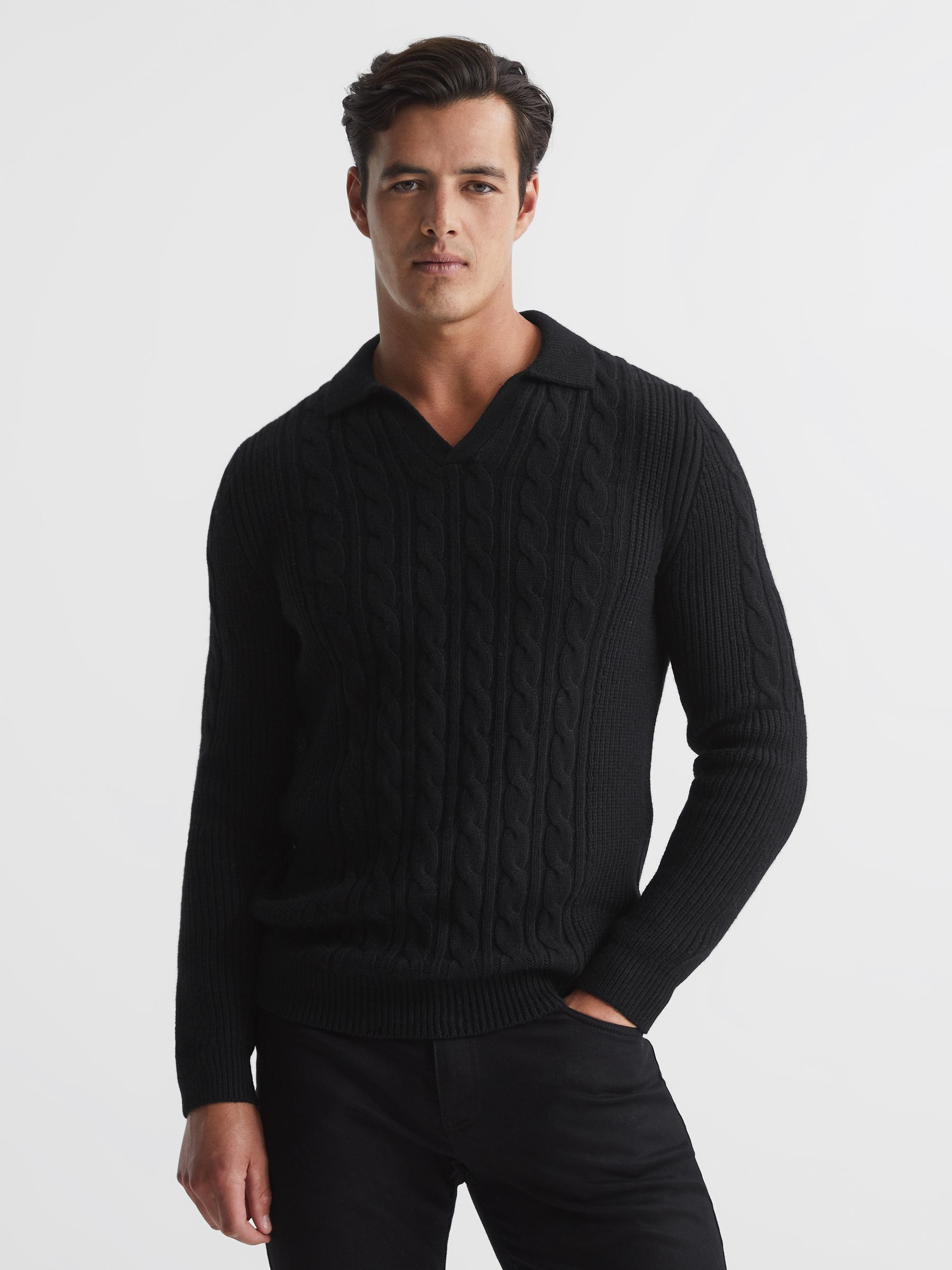 Cable Knit Open Collar Jumper in Black - Image 1 of 7
