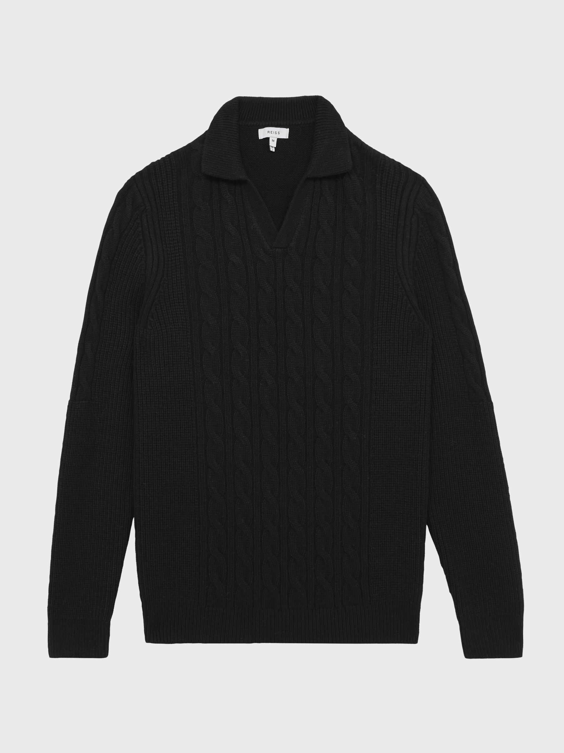 Cable Knit Open Collar Jumper in Black - Image 2 of 7 Cable Knit Open Collar Jumper in Black - Image 2 of 7