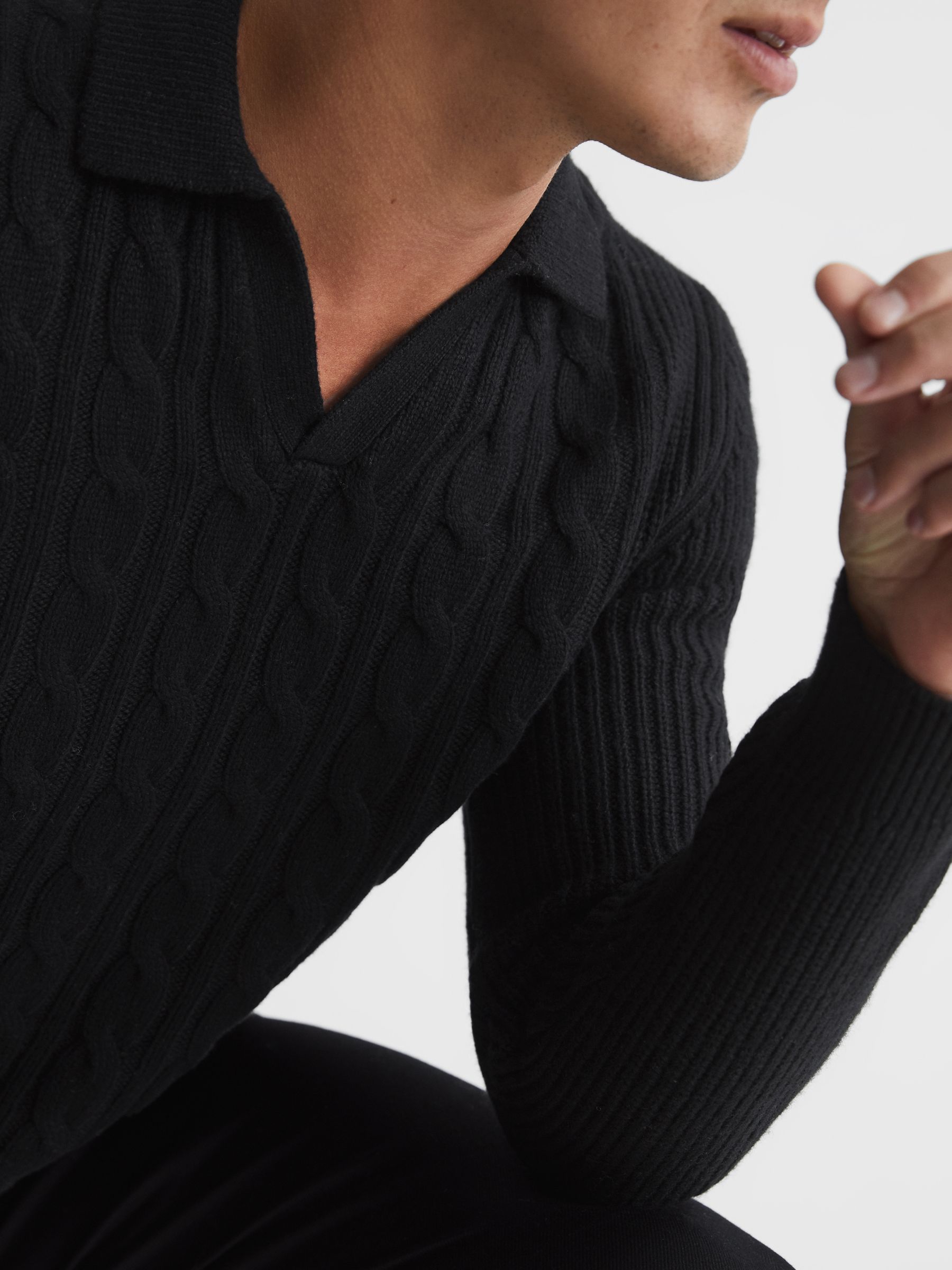 Cable Knit Open Collar Jumper in Black - Image 4 of 7