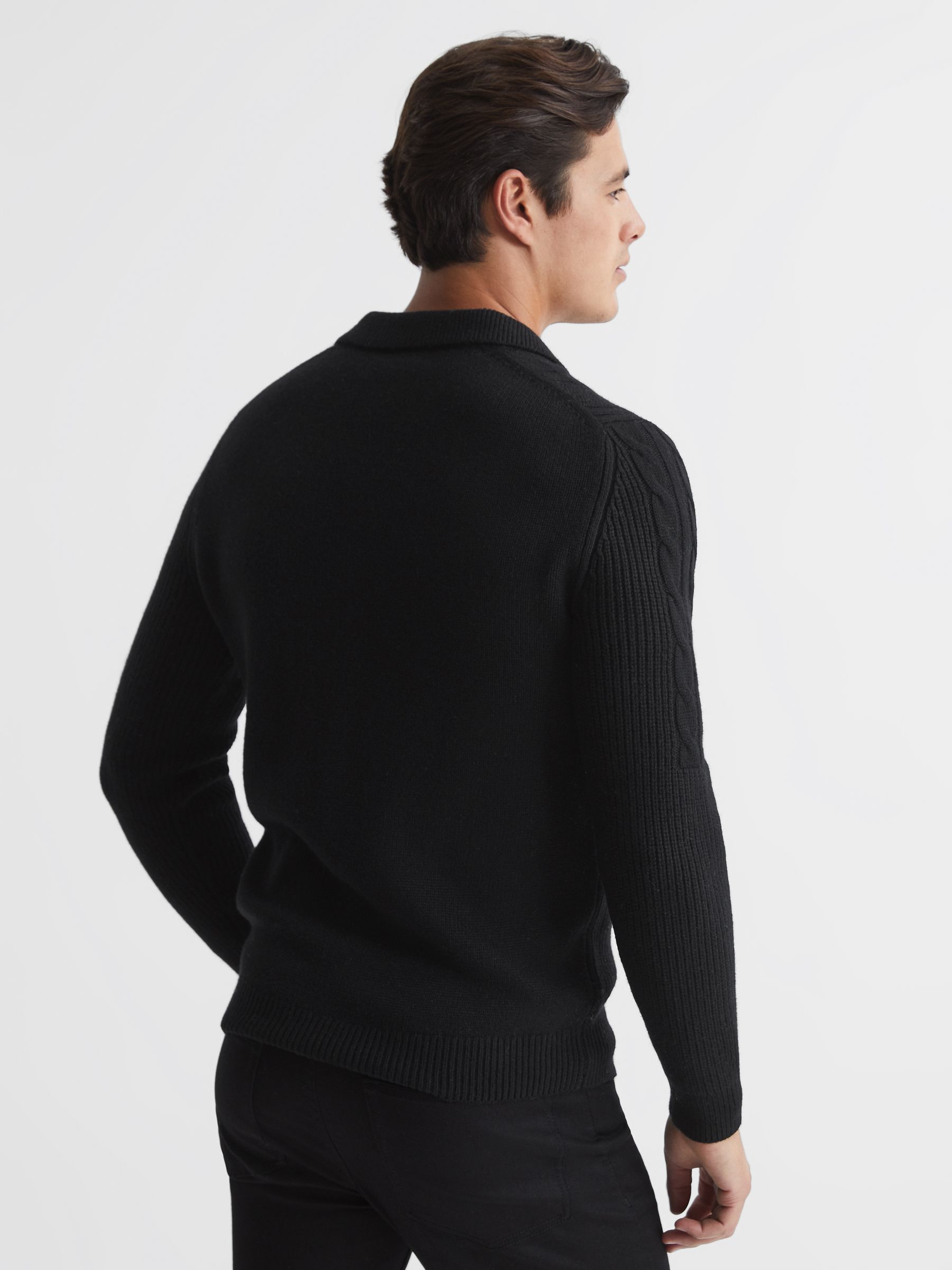 Cable Knit Open Collar Jumper in Black - Image 5 of 7