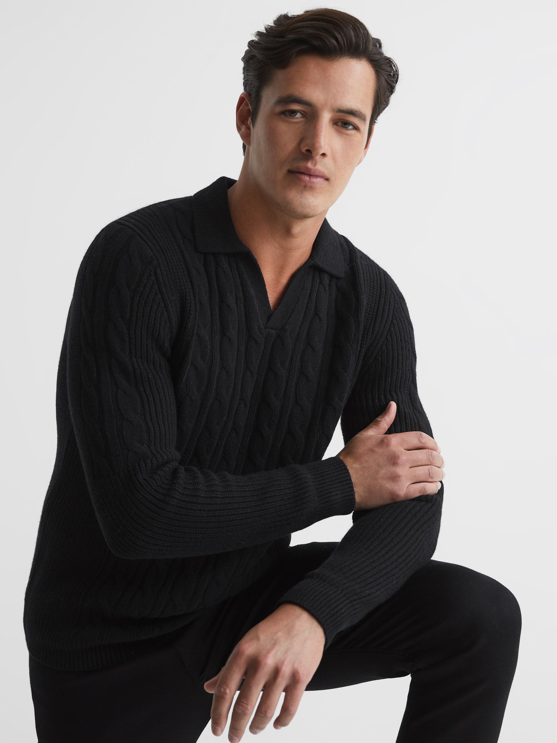 Cable Knit Open Collar Jumper in Black - Image 6 of 7