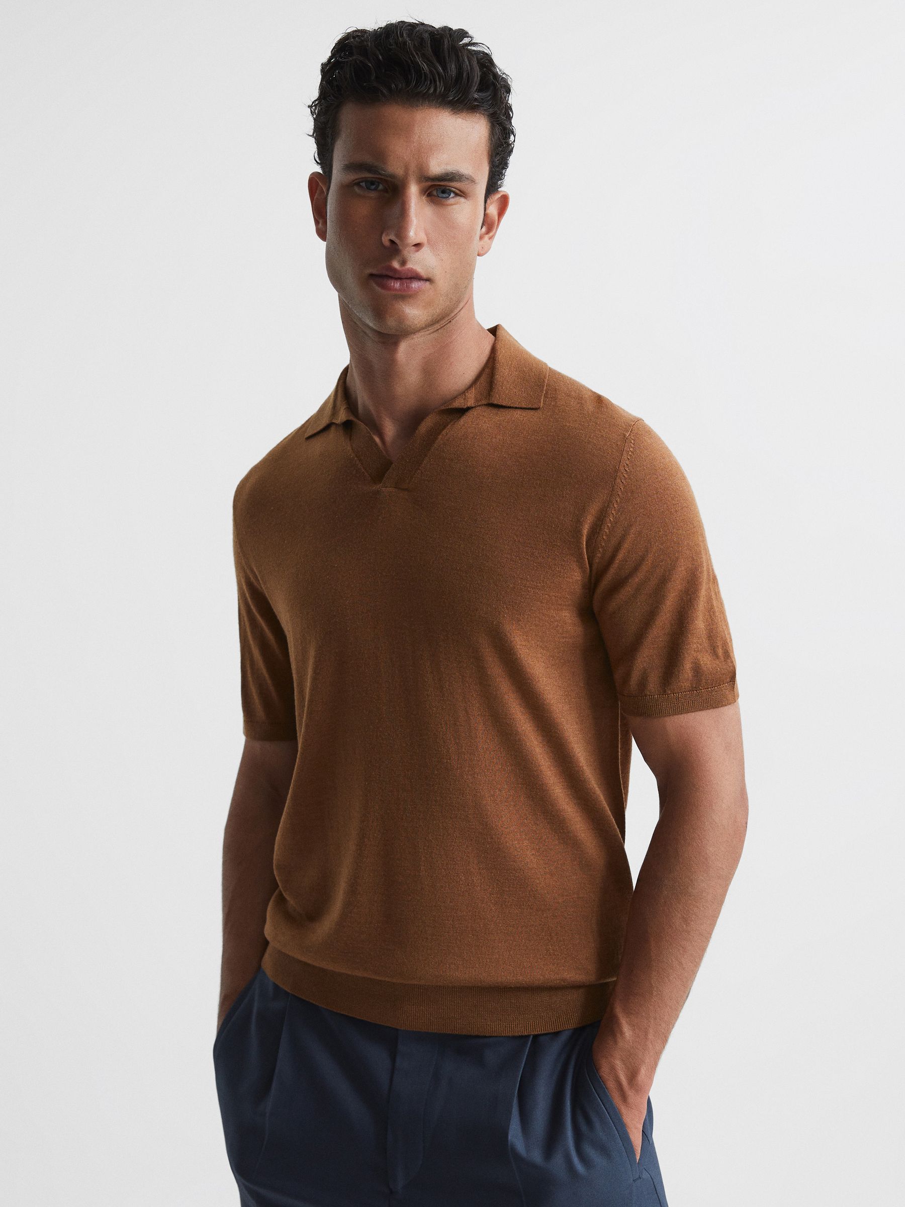 Open Collar Silk Merino Polo Shirt in Camel - Image 1 of 6