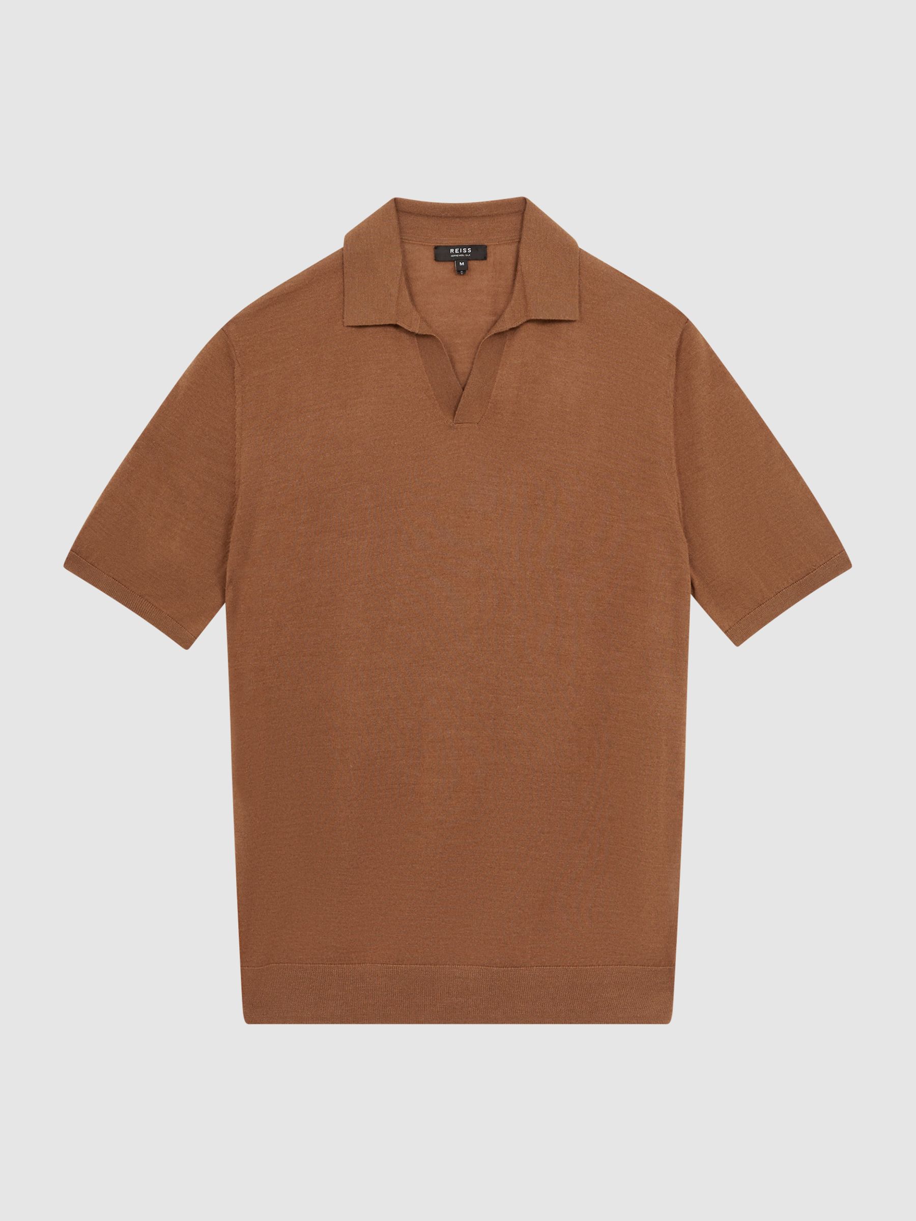 Open Collar Silk Merino Polo Shirt in Camel - Image 2 of 6