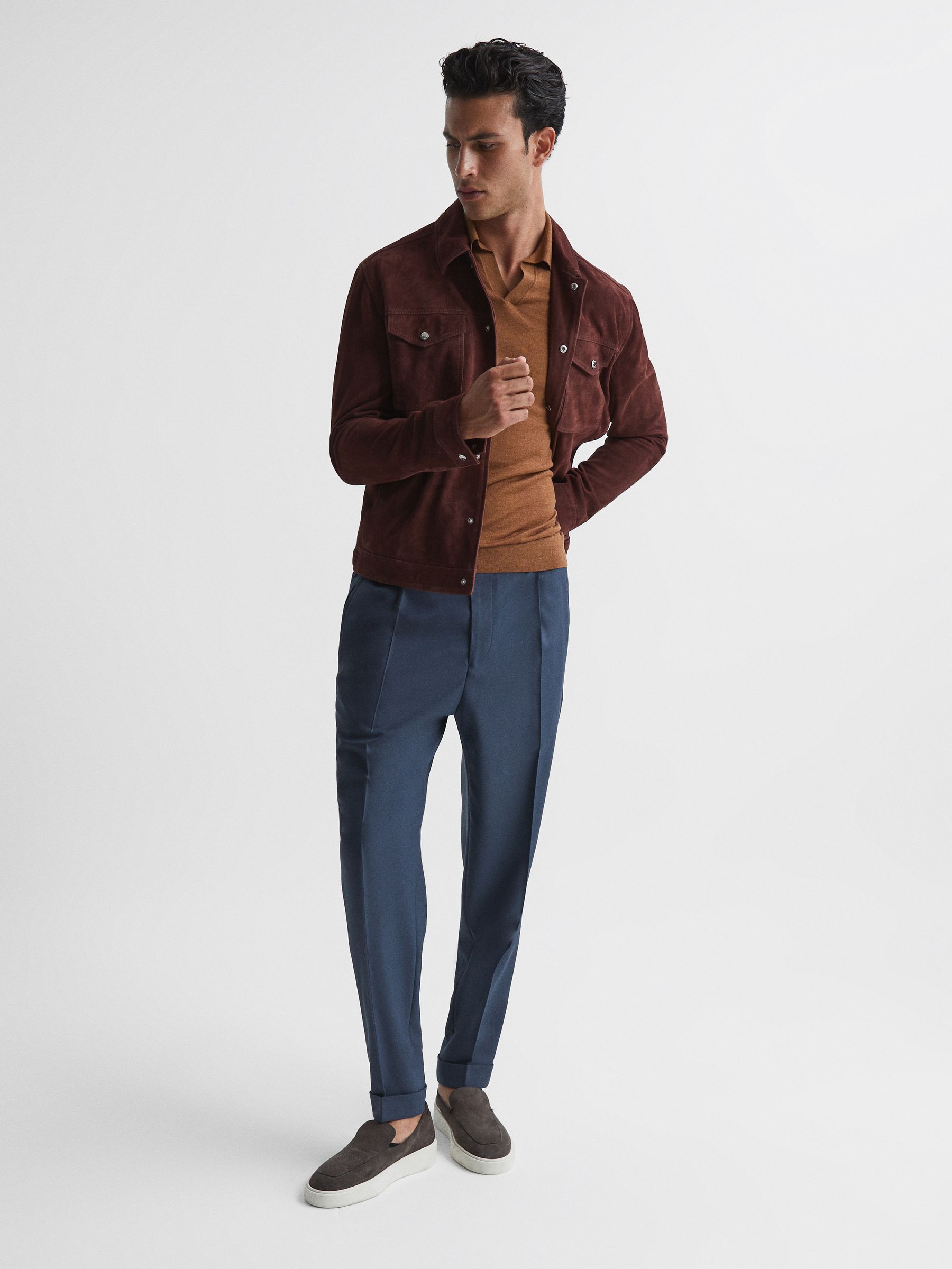 Open Collar Silk Merino Polo Shirt in Camel - Image 4 of 6